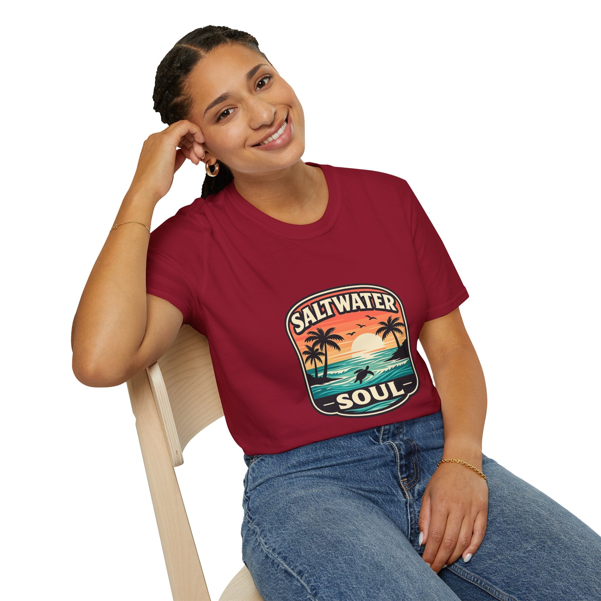 Saltwater Soul Retro Beach T-Shirt — Cute Coastal Gift for Women Sunset Palm Tee