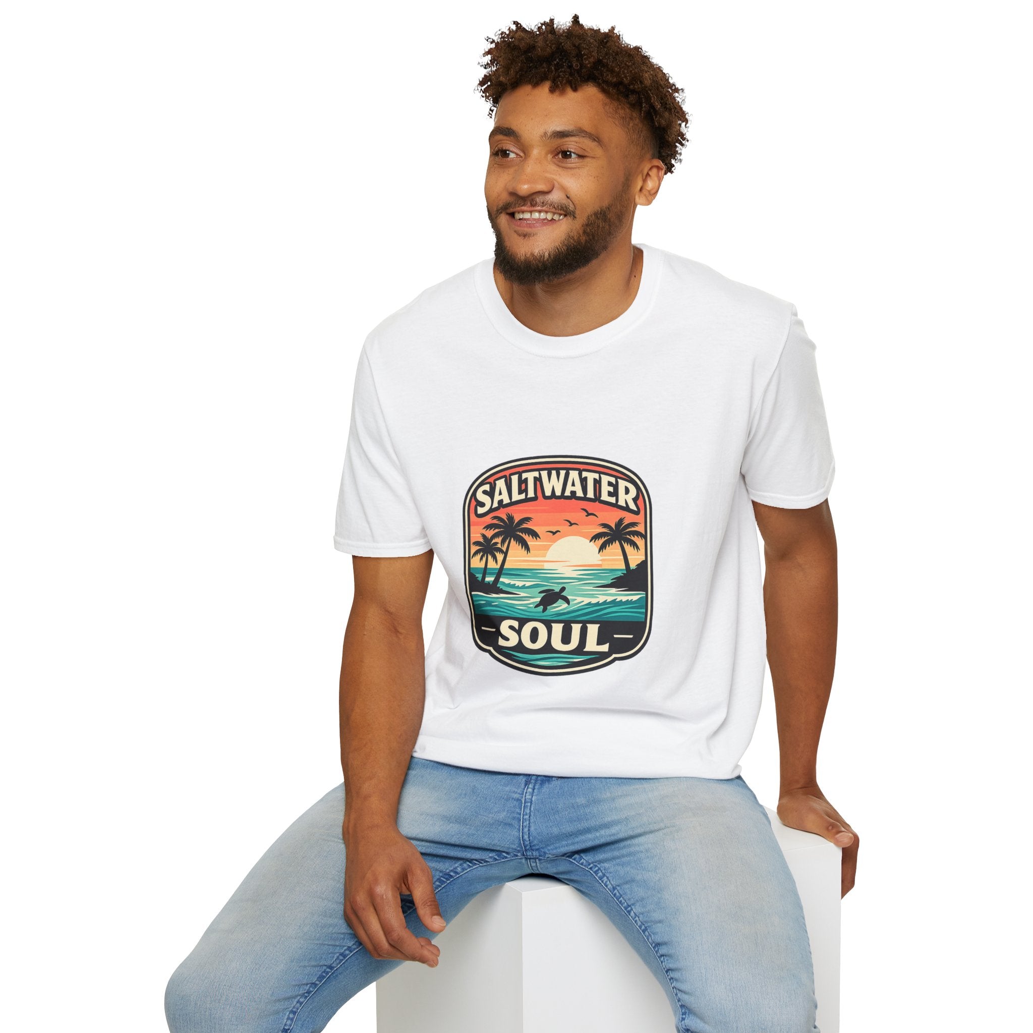 Saltwater Soul Retro Beach T-Shirt — Cute Coastal Gift for Women Sunset Palm Tee