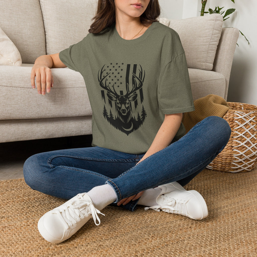 Rustic American Flag Buck T-Shirt — Patriotic Hunting Gift for Men Wildlife Tee