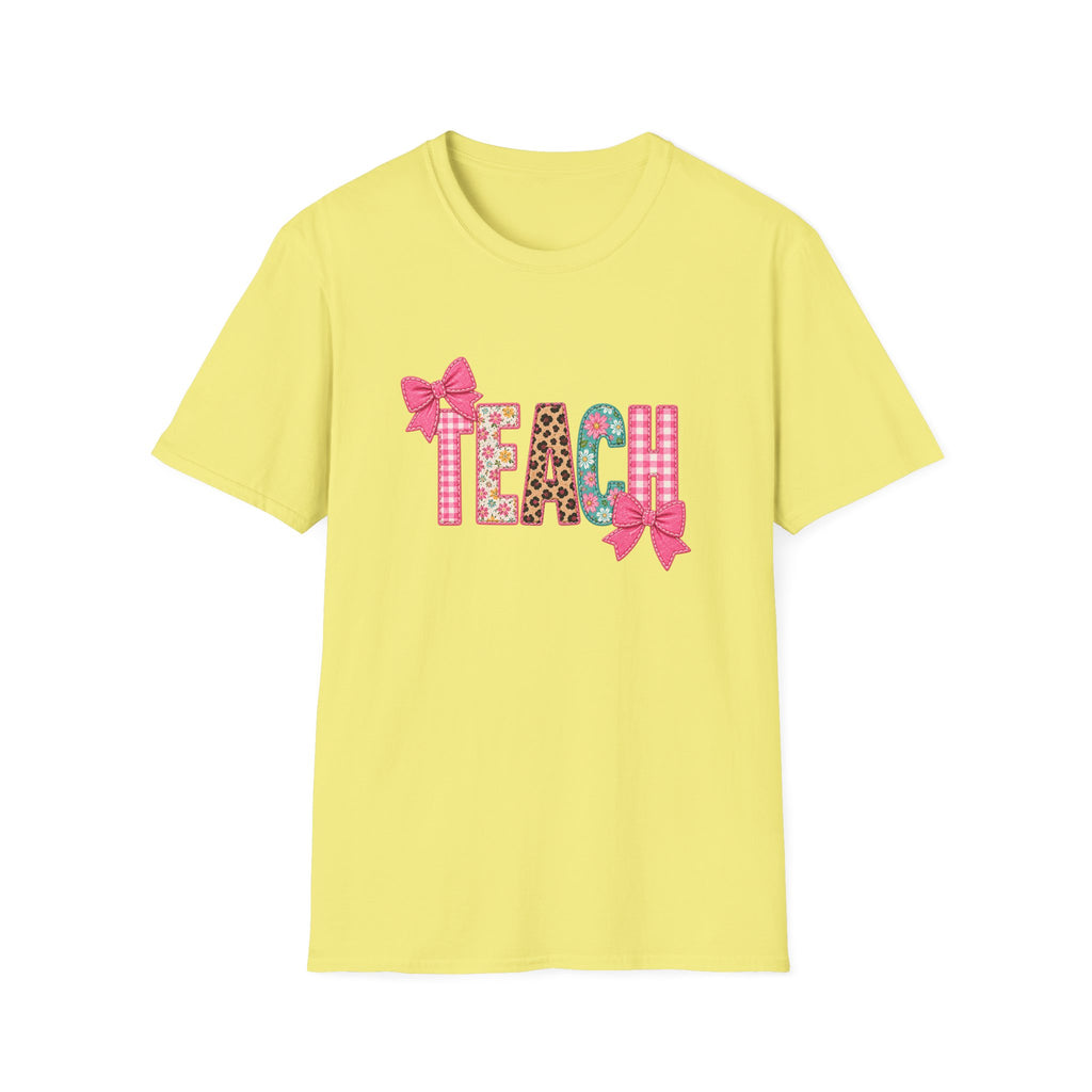 Floral Leopard TEACH T-Shirt — Cute Back-to-School Gift for Teachers Pink Bow Tee