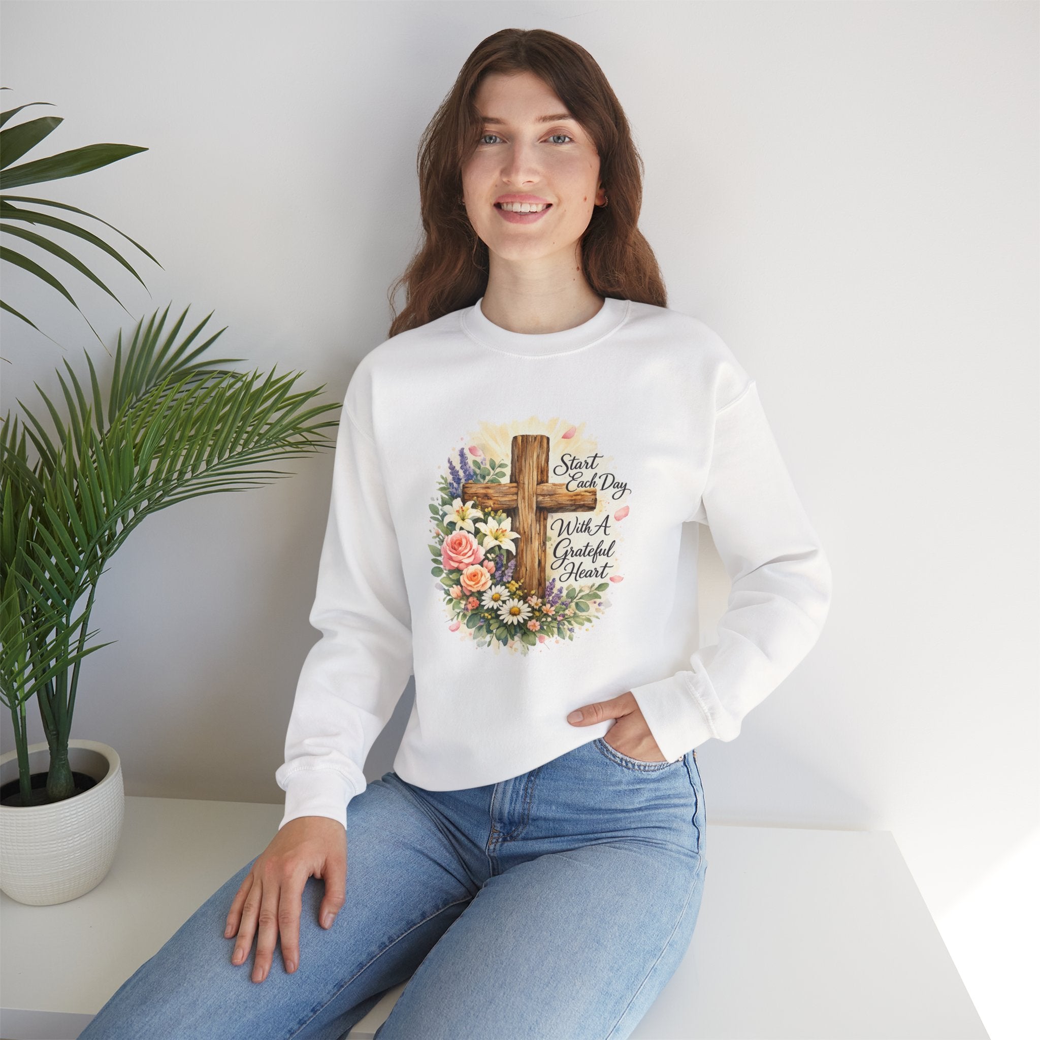 Christian Crewneck Sweatshirt — "Start Each Day with a Grateful Heart" Floral Cross