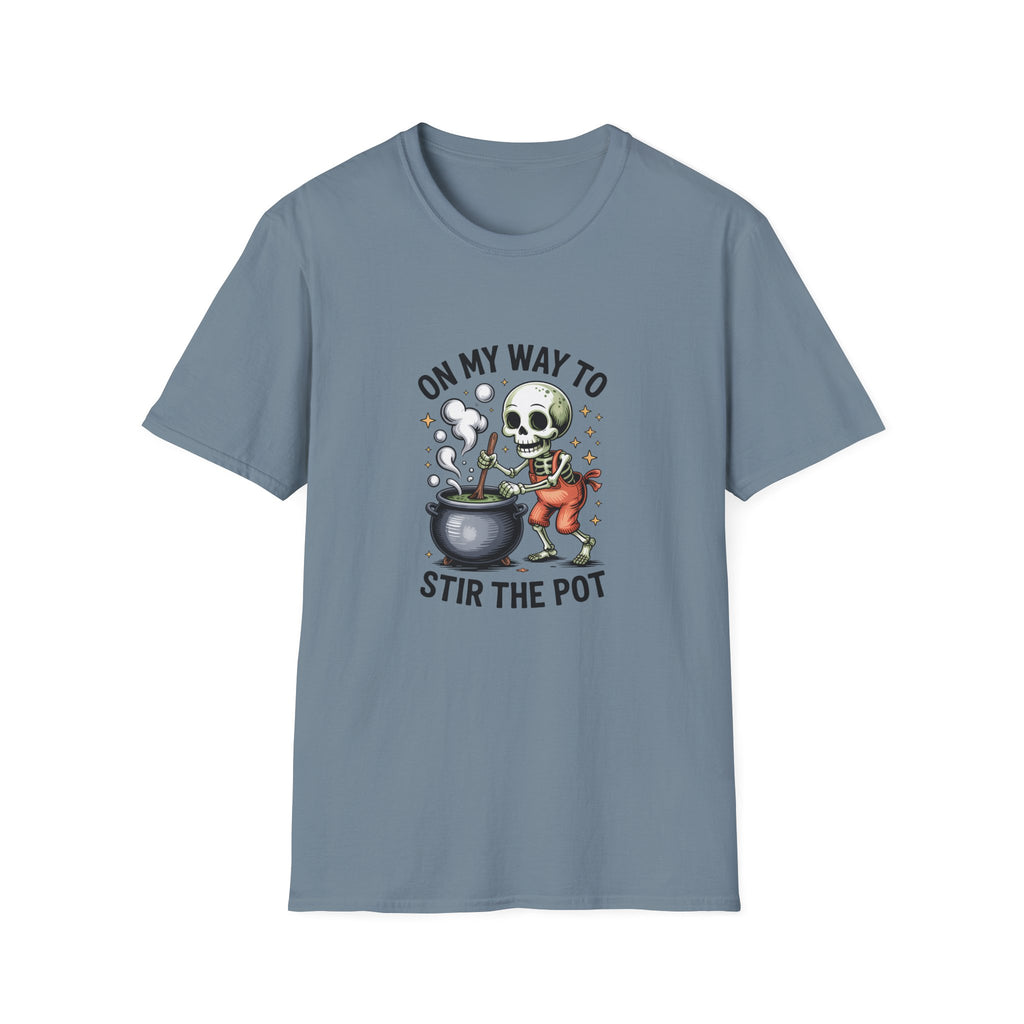 On My Way to Stir the Pot Skeleton T-Shirt — Funny Halloween Gift for Women