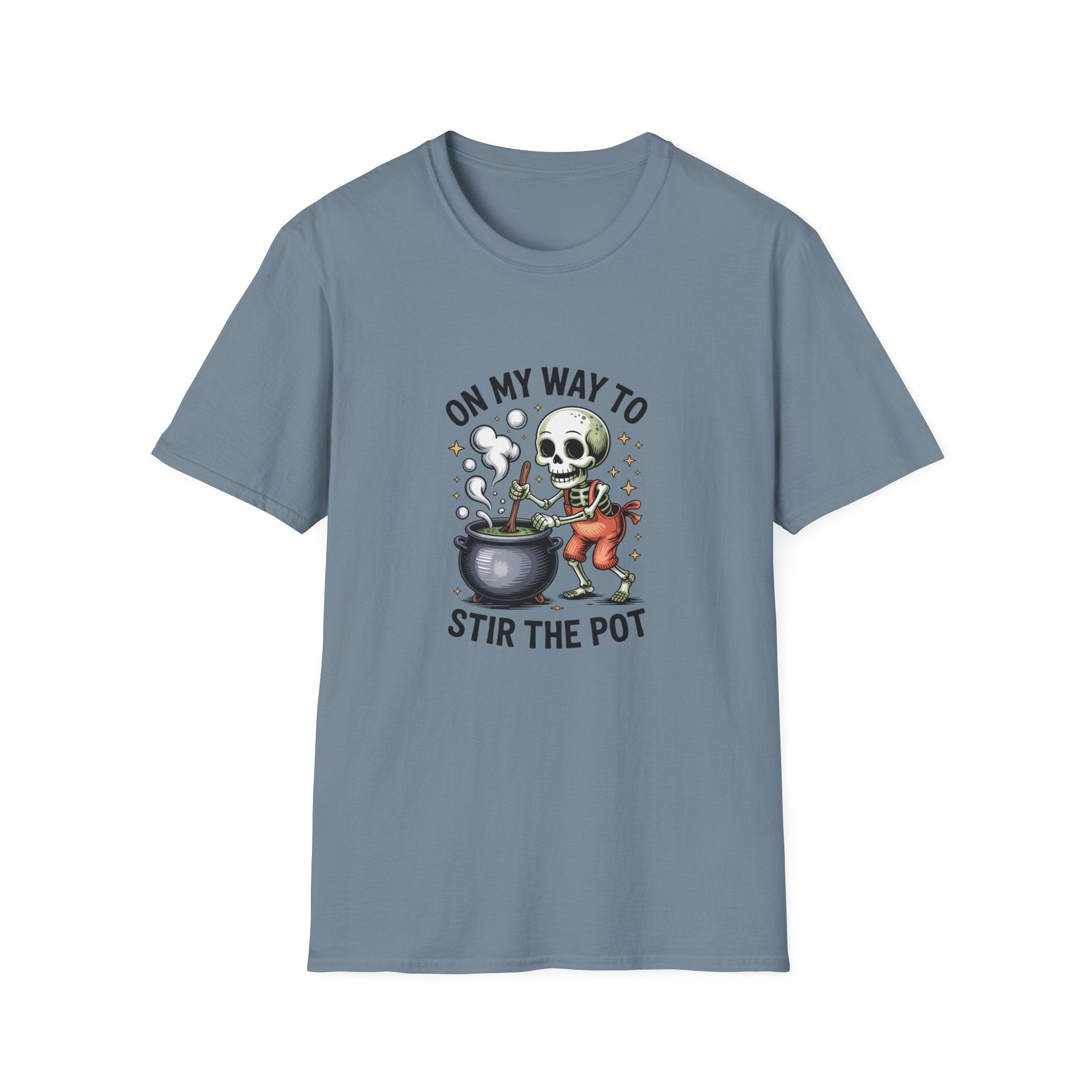 On My Way to Stir the Pot Skeleton T-Shirt — Funny Halloween Gift for Women