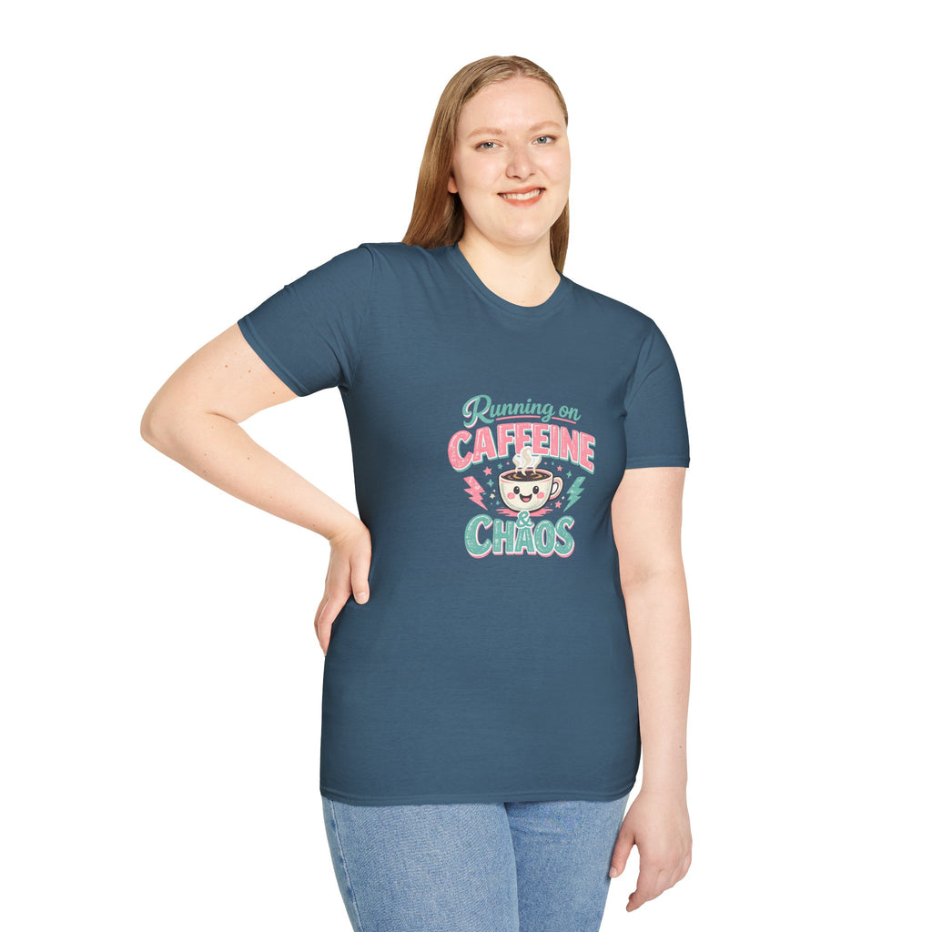 Running on Caffeine & Chaos T-Shirt — Funny Gift for Coffee Loving Moms Graphic Tee