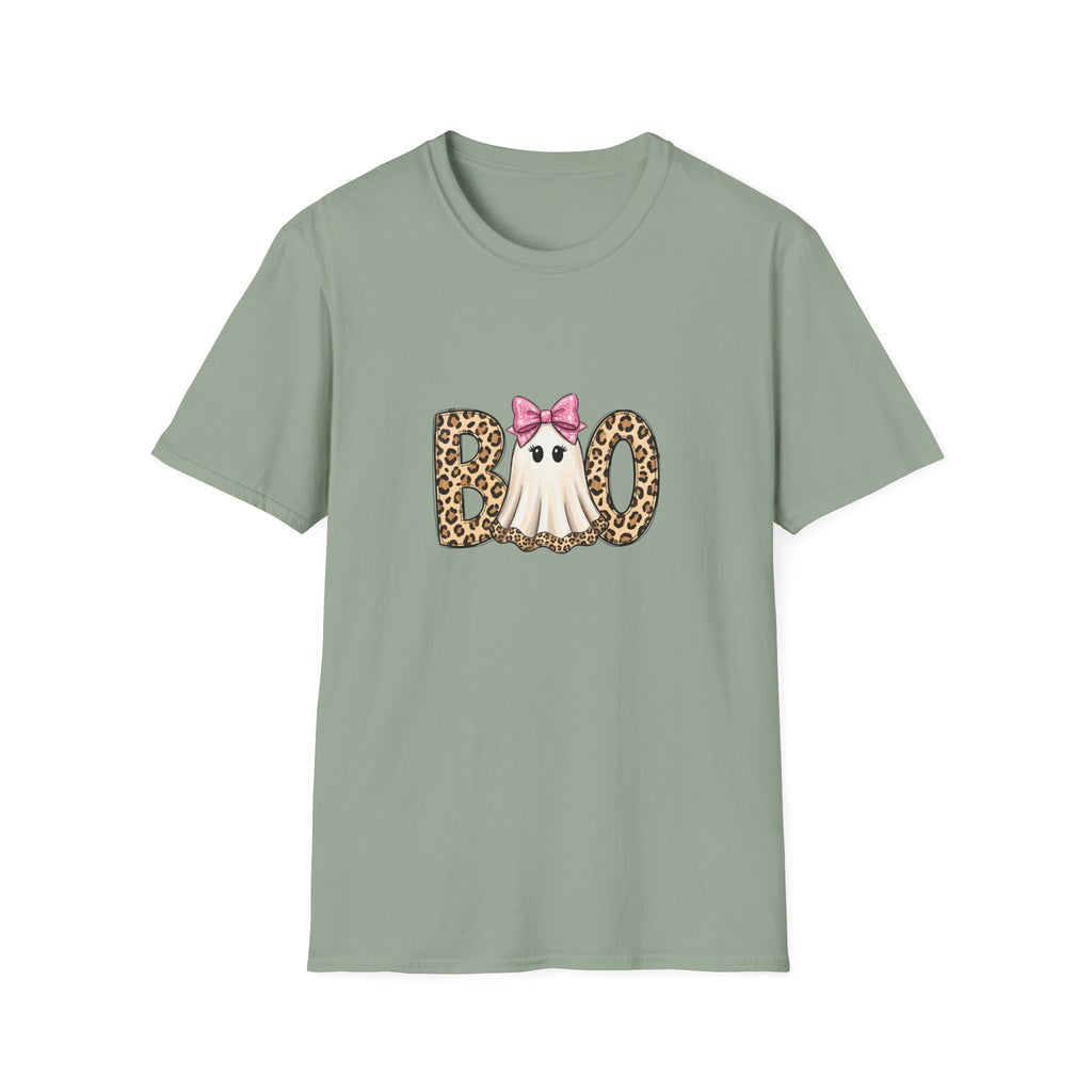Boo Leopard Ghost T-Shirt — Cute Pink Bow Halloween Gift for Women Graphic Tee