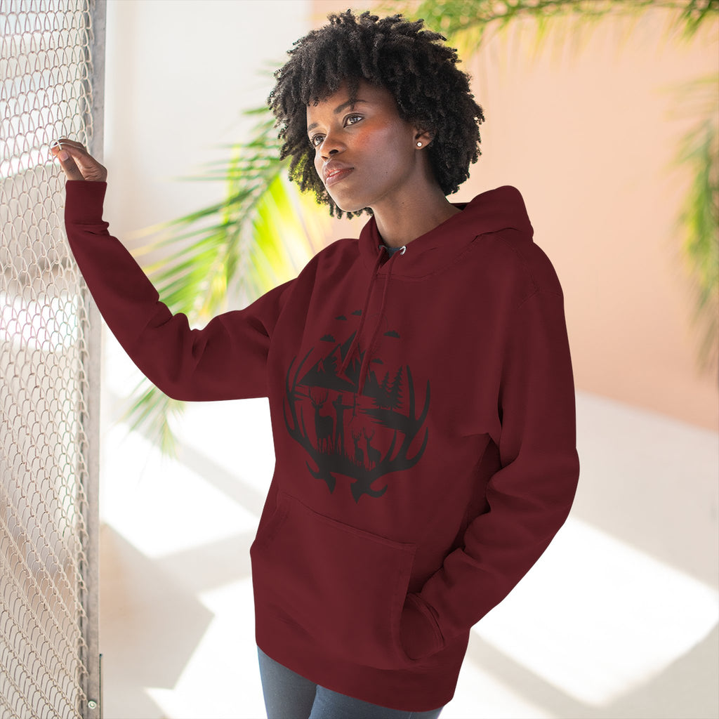 Deer Antler Mountain Hoodie — Rustic Outdoor Gift for Him Wildlife Graphic Pullover