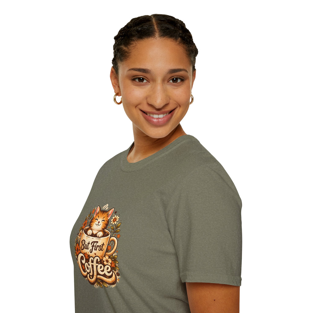But First Coffee Cat T-Shirt — Cute Floral Gift for Coffee Lovers Women's Tee