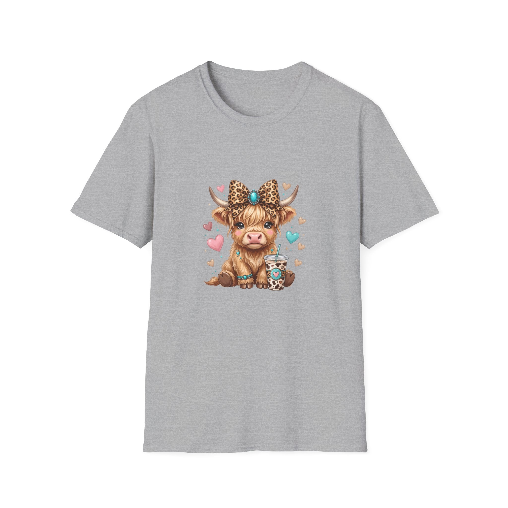 Highland Cow Leopard Bow T-Shirt — Cute Funny Gift for Her Hearts Graphic Tee