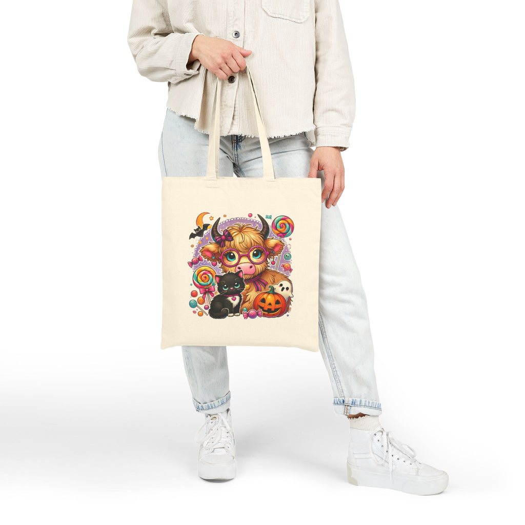 Halloween Cow Costume Canvas Tote Bag — Cute Funny Gift for Her Pumpkin & Cat Shopper