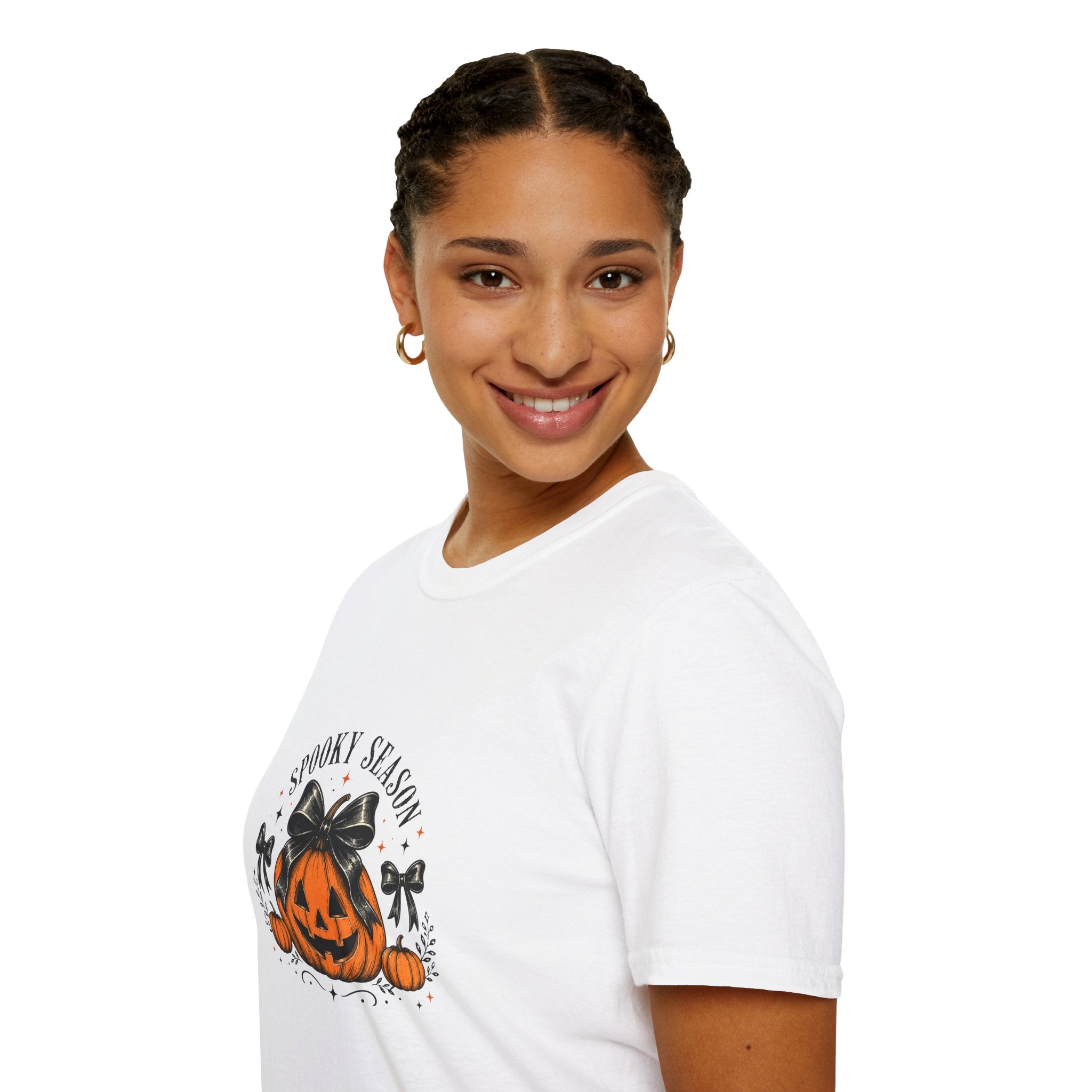 Spooky Season Jack-O'-Lantern Bow T-Shirt — Cute Halloween Gift for Women Graphic Tee
