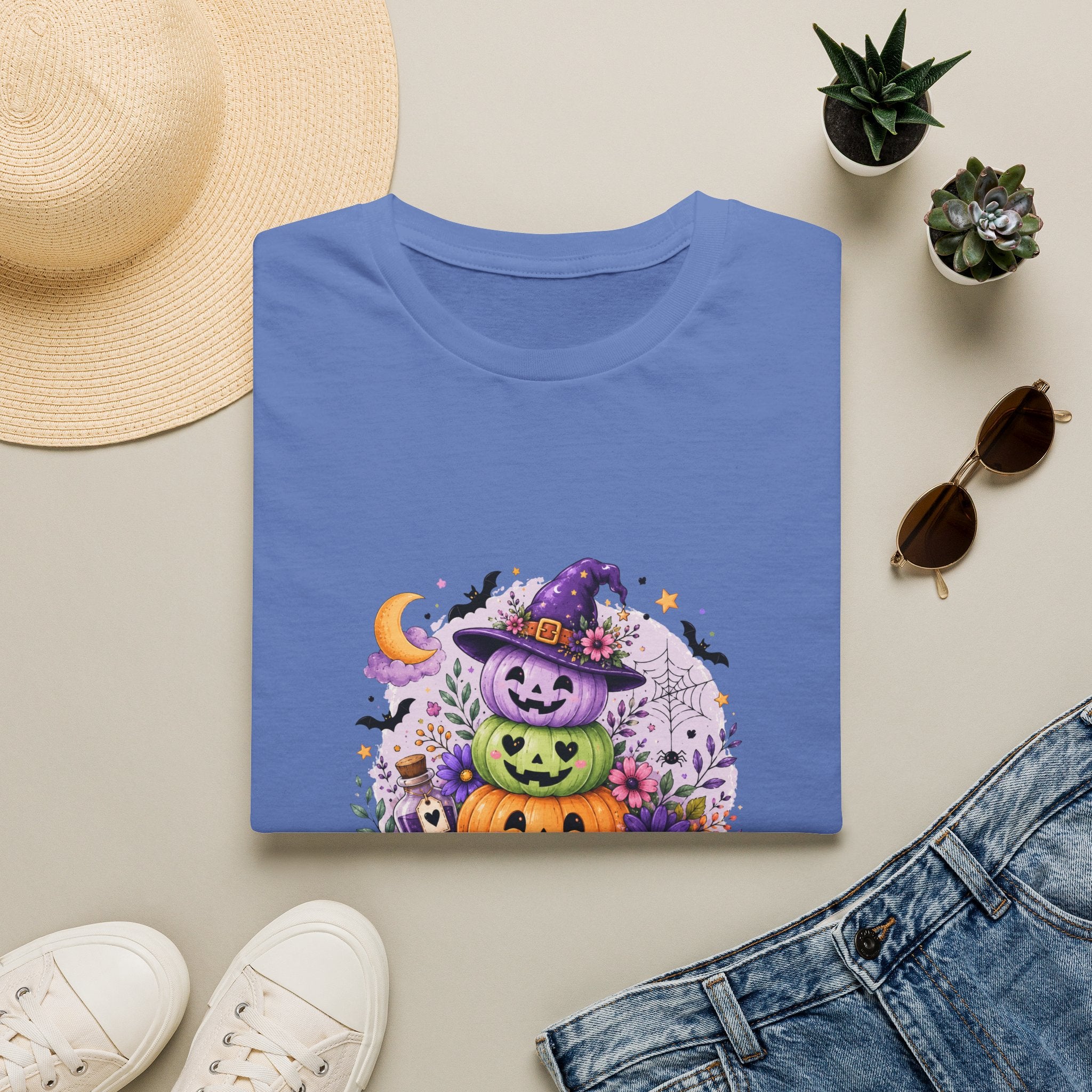 Spooky Season Pumpkin Stack T-Shirt — Cute Halloween Gift for Women Witch Hat Tee