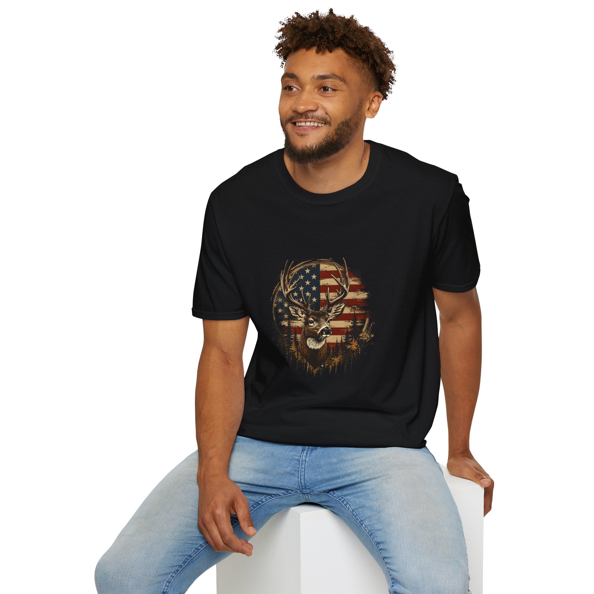 American Flag Deer T-Shirt — Patriotic Buck Gift for Hunters Men's Graphic Tee
