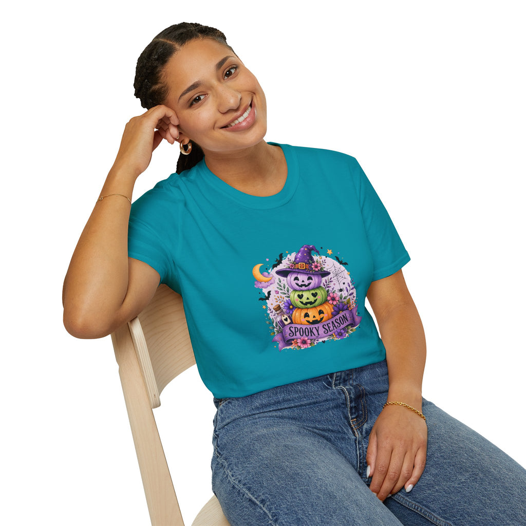 Spooky Season Pumpkin Stack T-Shirt — Cute Halloween Gift for Women Witch Hat Tee