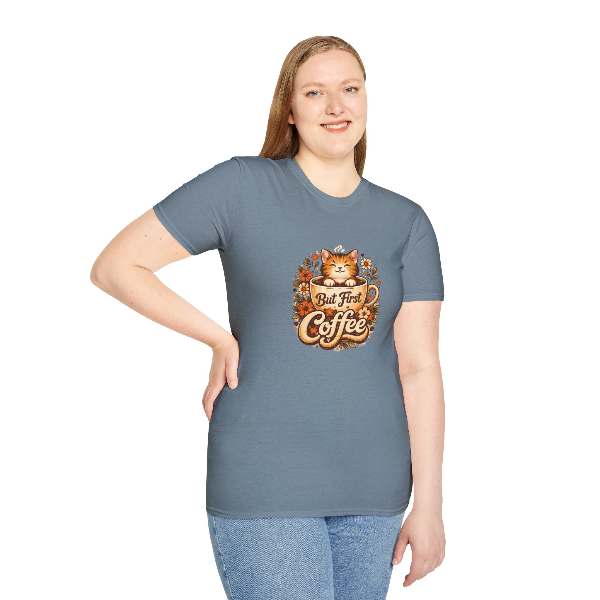 But First Coffee Cat T-Shirt — Cute Floral Gift for Coffee Lovers Women's Tee