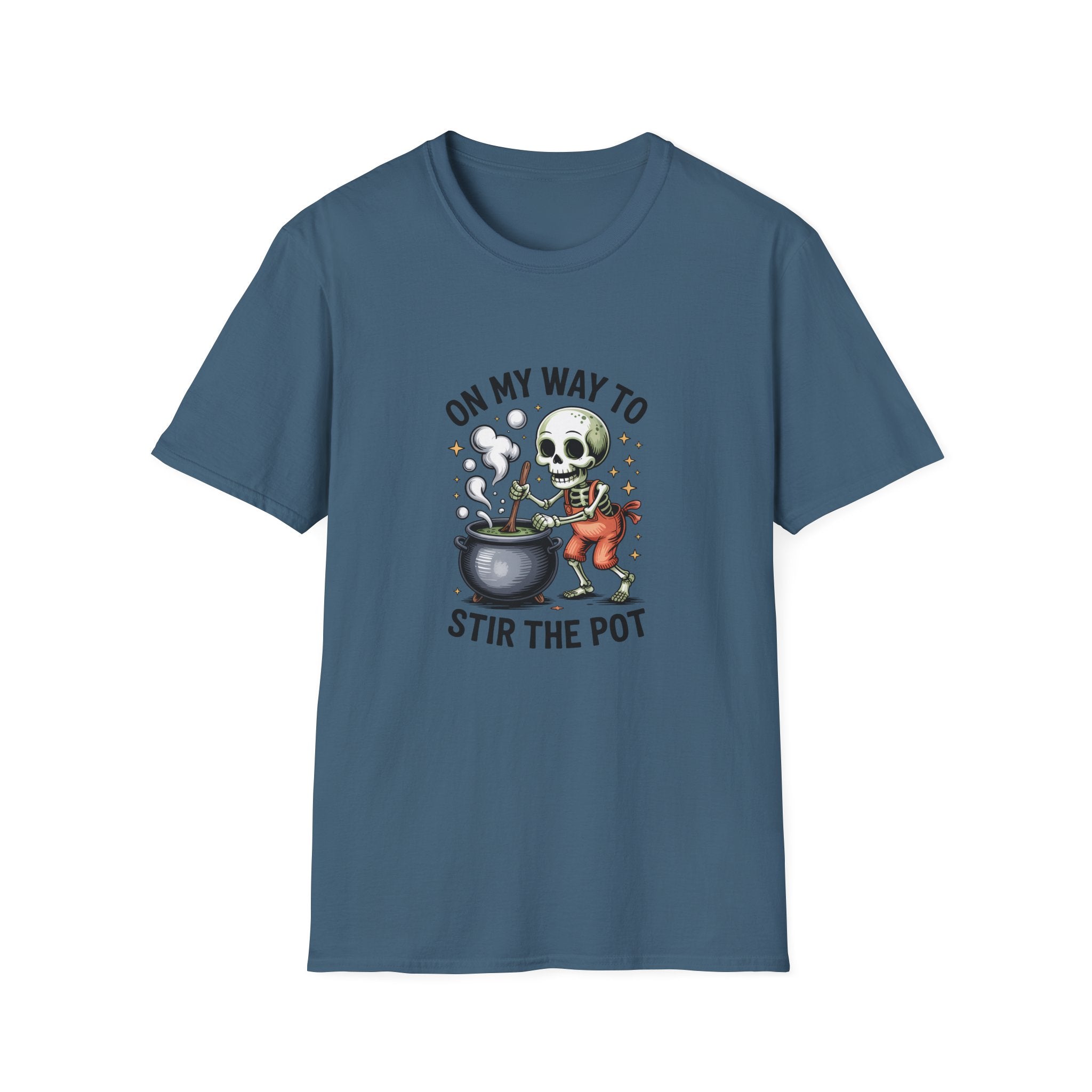 On My Way to Stir the Pot Skeleton T-Shirt — Funny Halloween Gift for Women