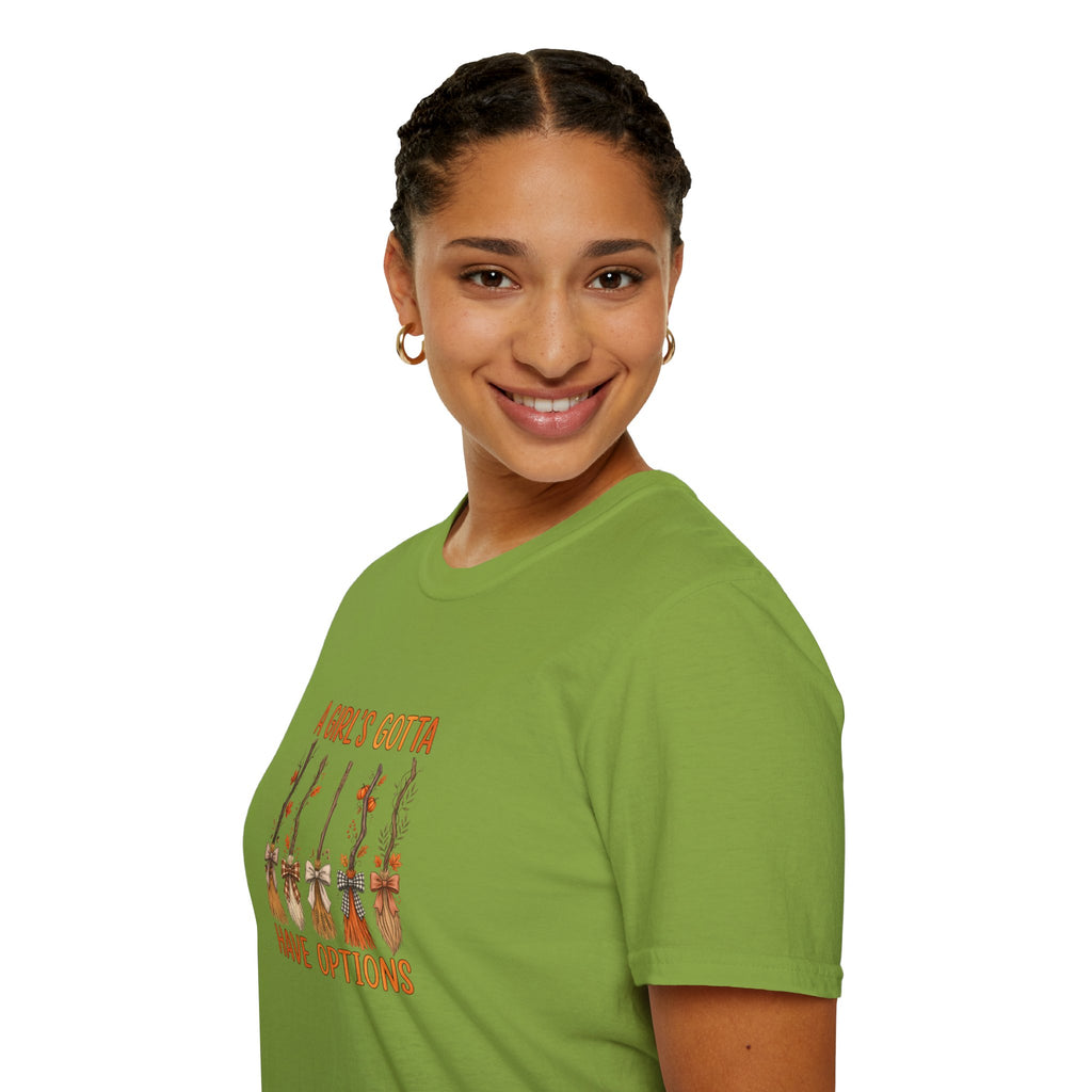 A Girl's Gotta Have Options Witch Brooms T-Shirt — Funny Halloween Gift for Women