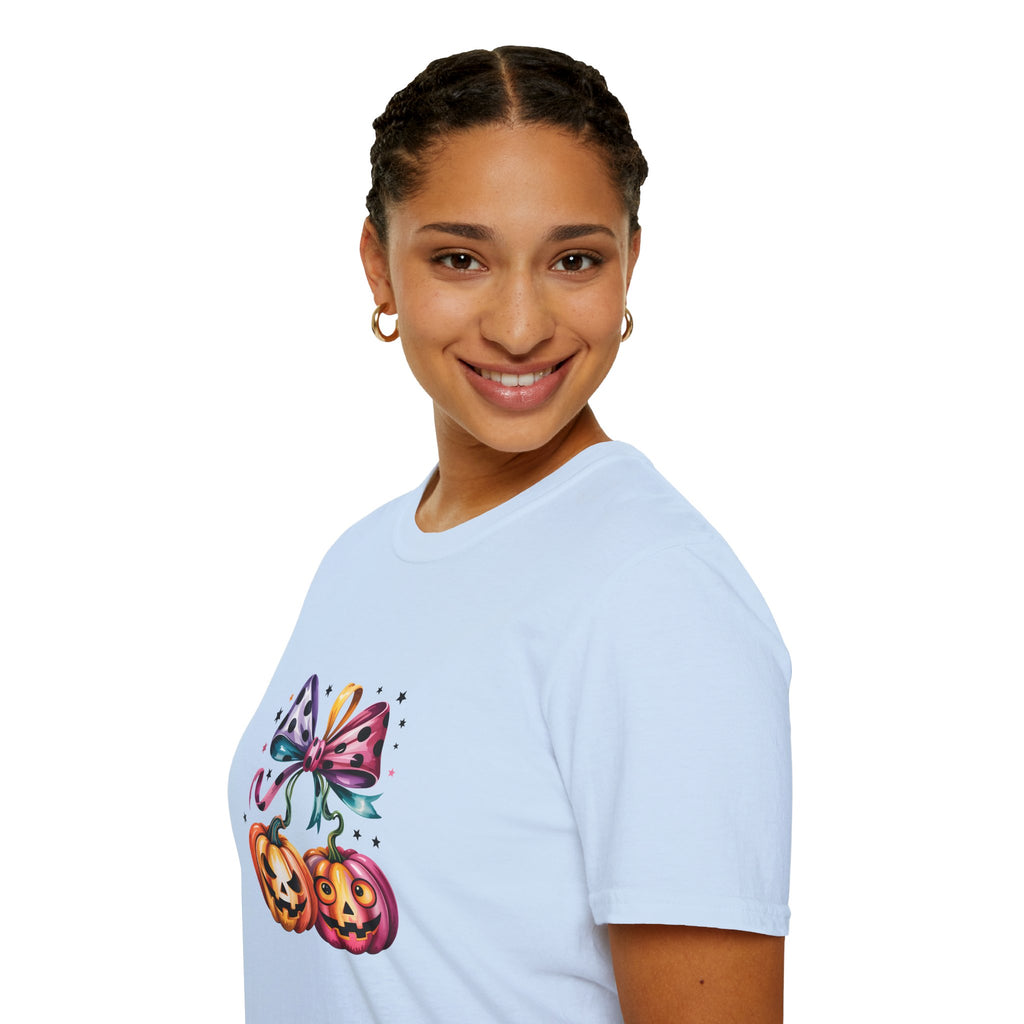 Halloween Pumpkin Bow T-Shirt — Cute Colorful Gift for Women Jack-O'-Lantern Tee