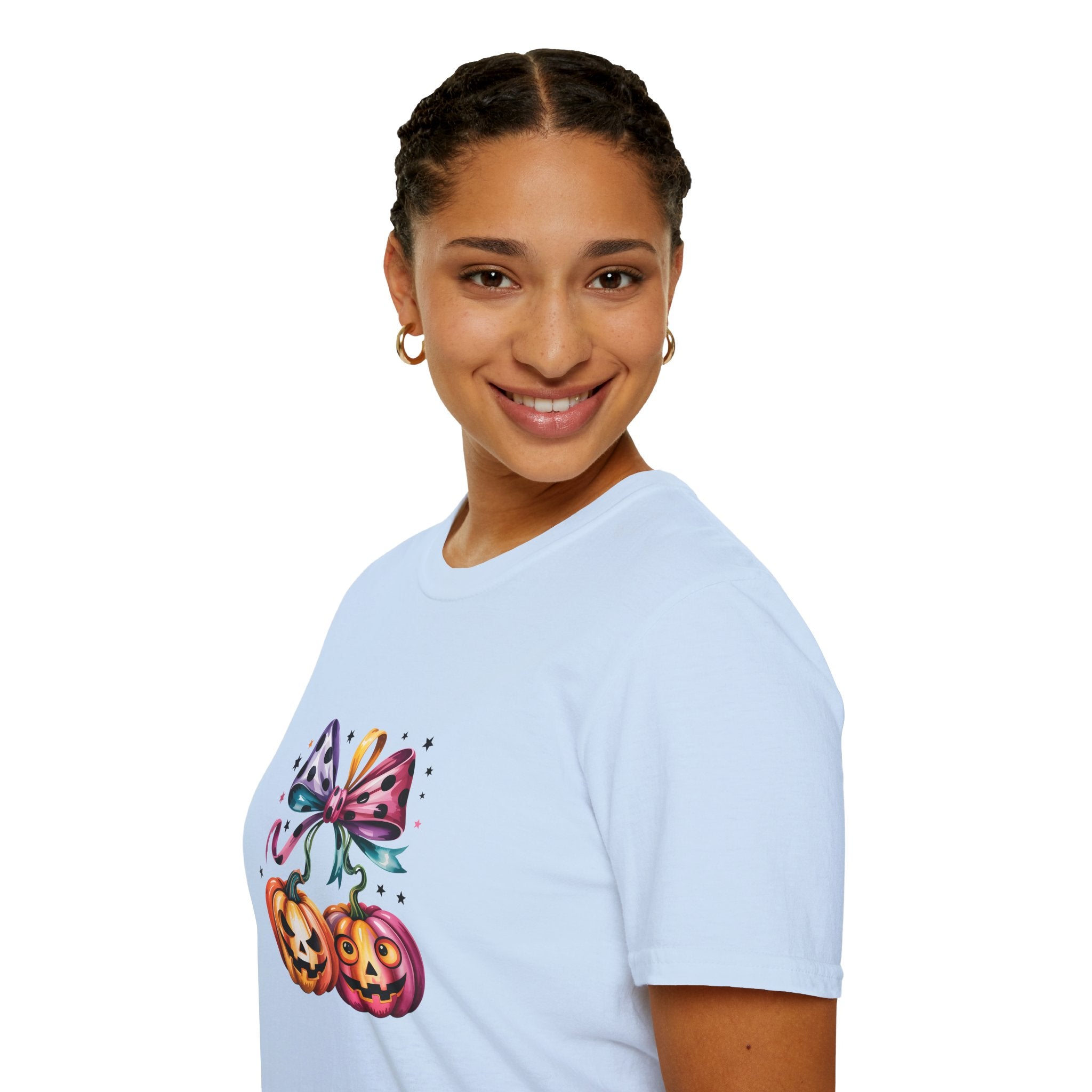 Halloween Pumpkin Bow T-Shirt — Cute Colorful Gift for Women Jack-O'-Lantern Tee