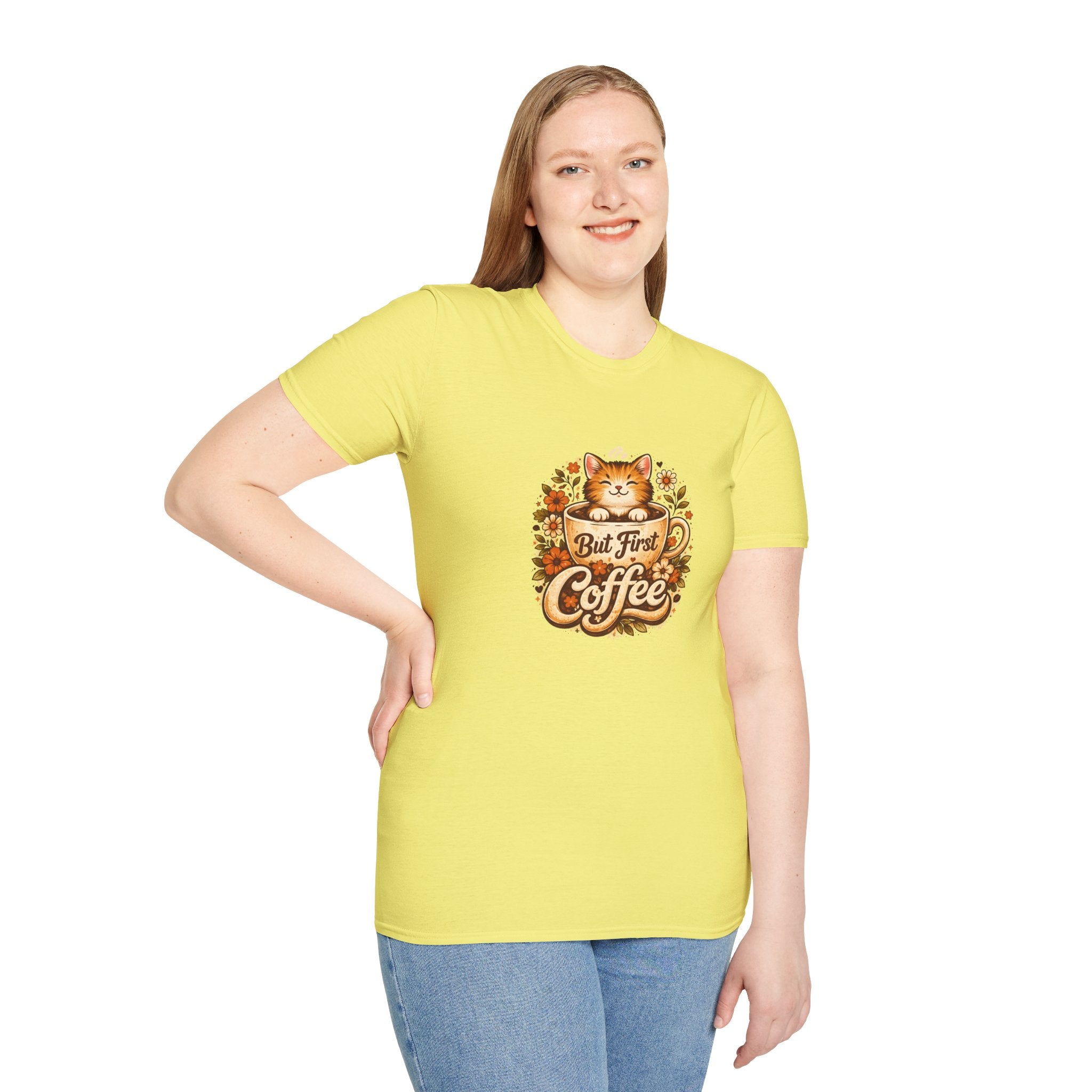 But First Coffee Cat T-Shirt — Cute Floral Gift for Coffee Lovers Women's Tee