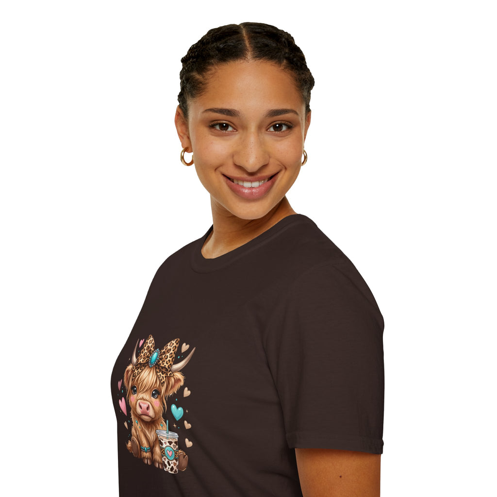 Highland Cow Leopard Bow T-Shirt — Cute Funny Gift for Her Hearts Graphic Tee
