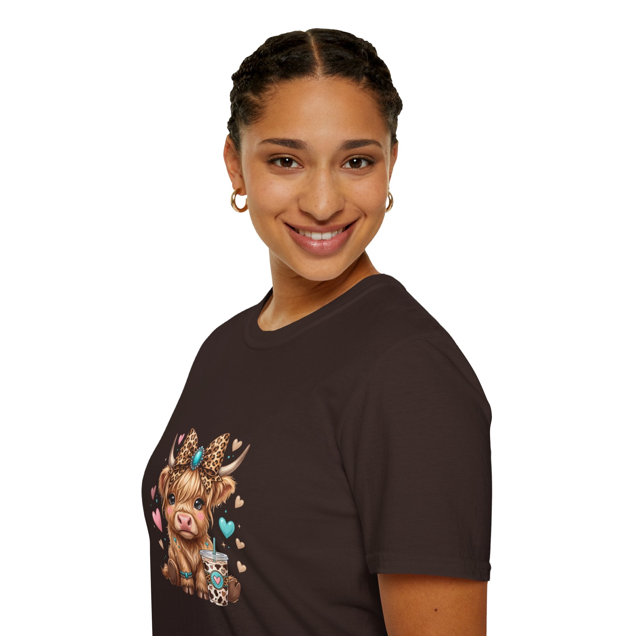 Highland Cow Leopard Bow T-Shirt — Cute Funny Gift for Her Hearts Graphic Tee