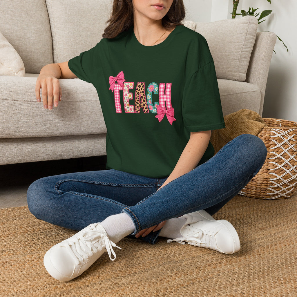 Floral Leopard TEACH T-Shirt — Cute Back-to-School Gift for Teachers Pink Bow Tee