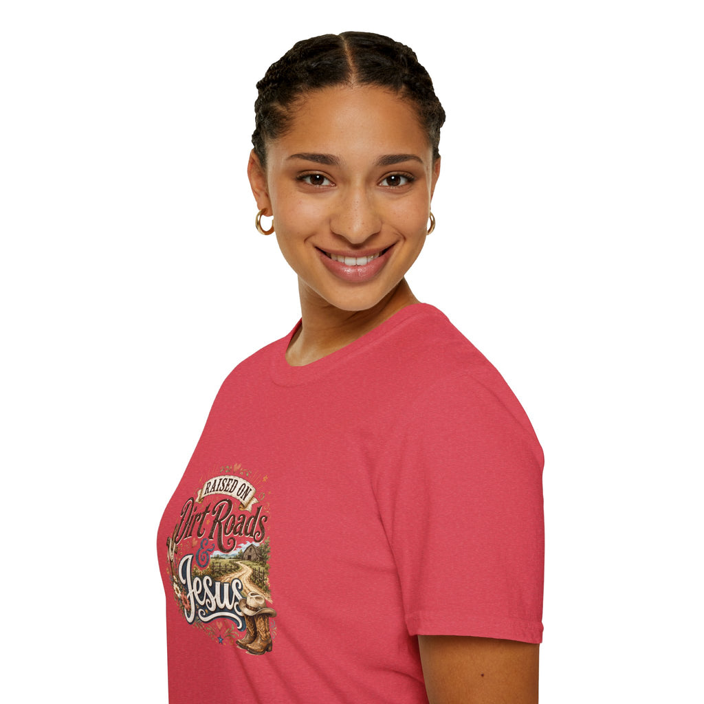 Raised on Dirt Roads & Jesus T-Shirt — Rustic Christian Gift for Women Faith Tee