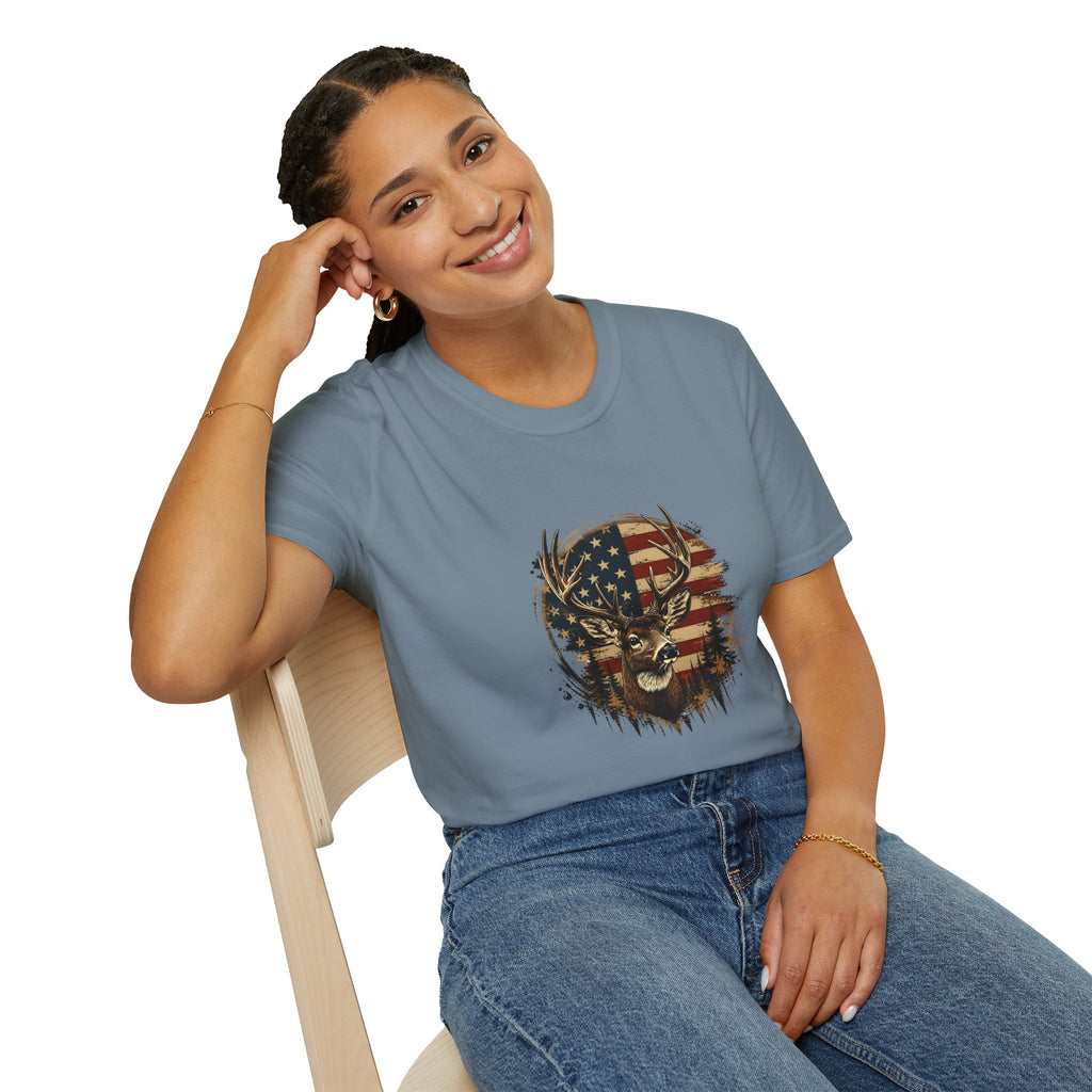 American Flag Deer T-Shirt — Patriotic Buck Gift for Hunters Men's Graphic Tee