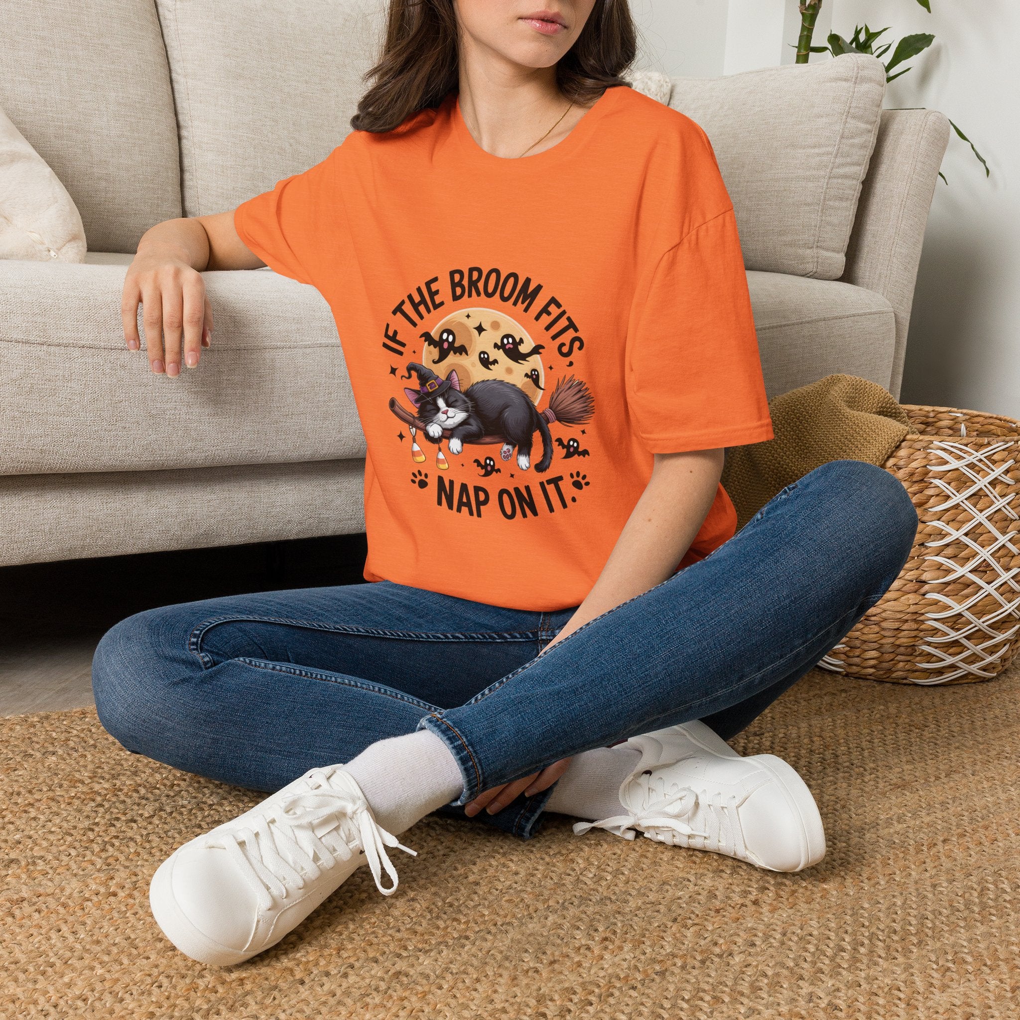 If the Broom Fits Nap on It Cat T-Shirt — Funny Halloween Gift for Women Witchy Tee