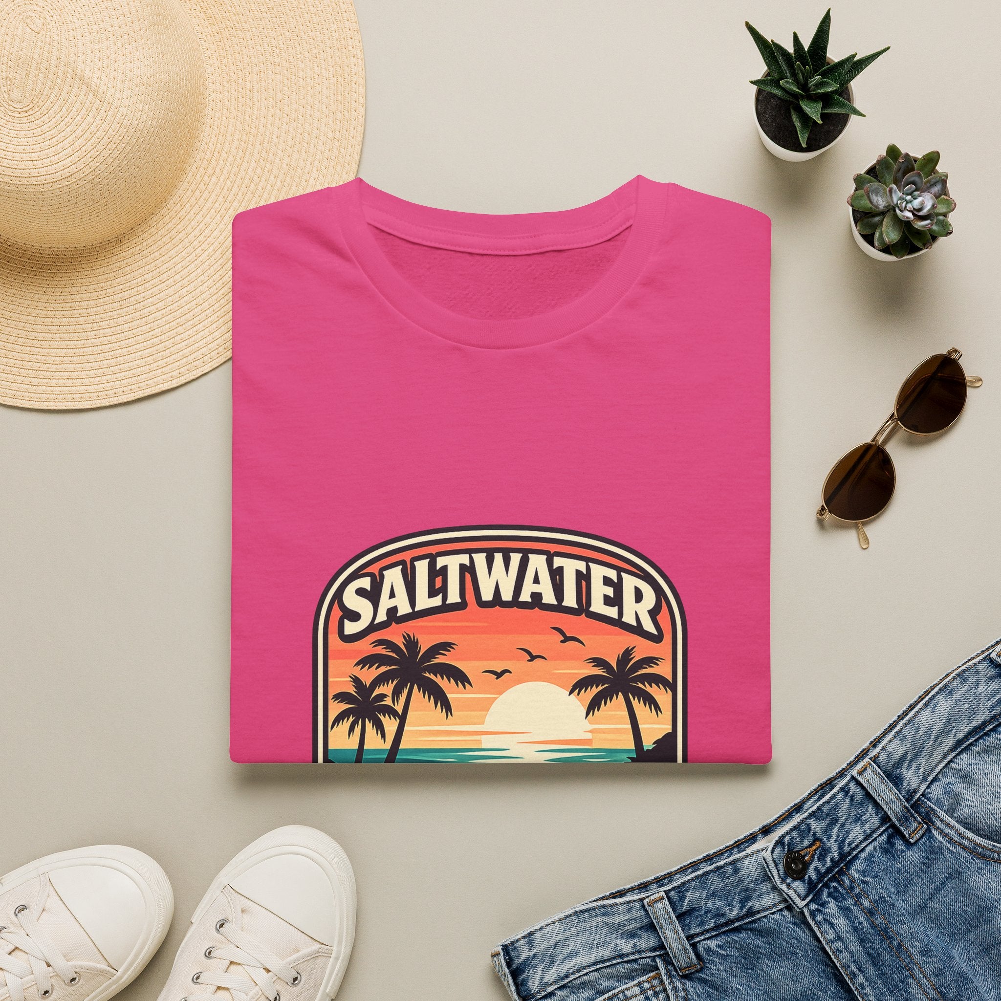 Saltwater Soul Retro Beach T-Shirt — Cute Coastal Gift for Women Sunset Palm Tee