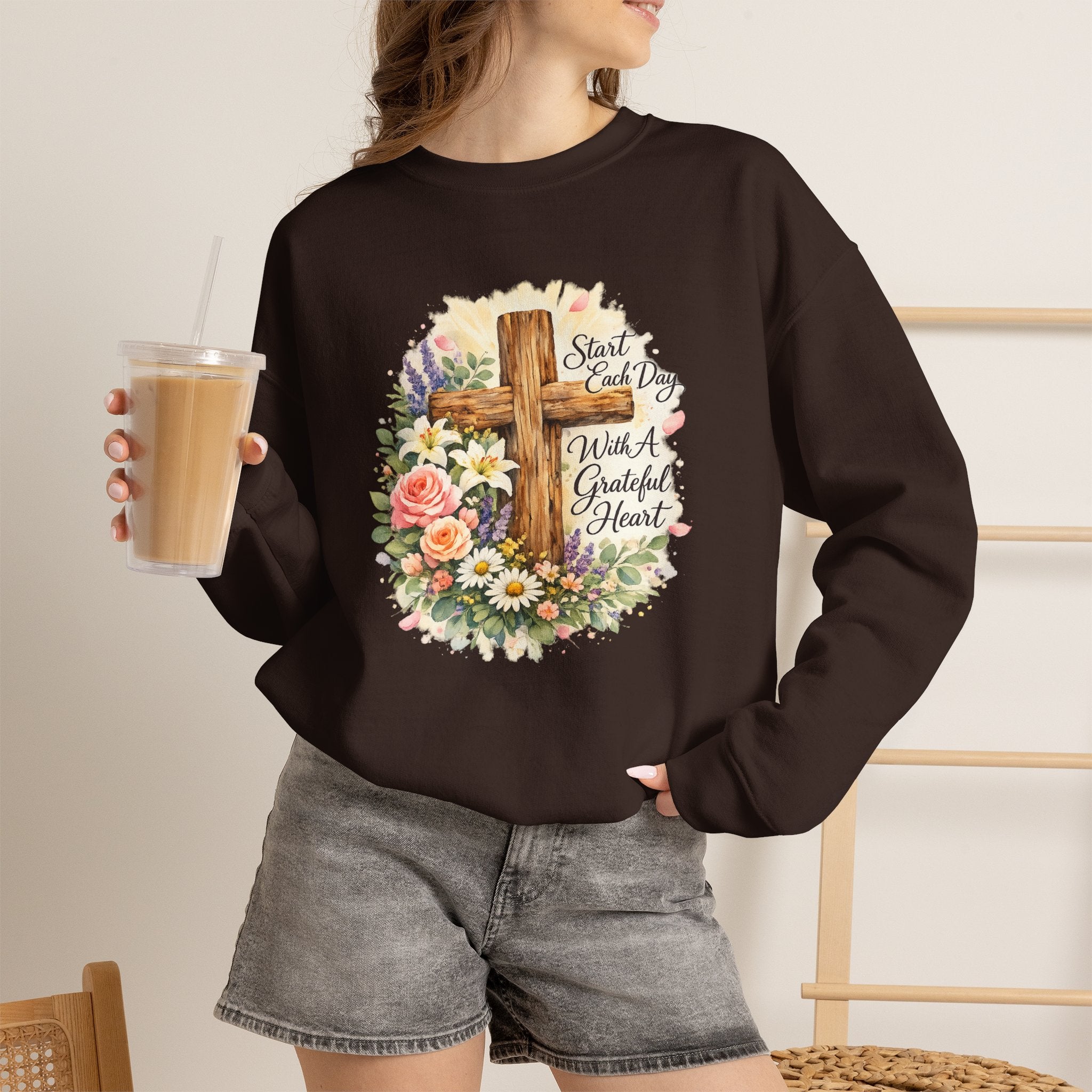 Christian Crewneck Sweatshirt — "Start Each Day with a Grateful Heart" Floral Cross