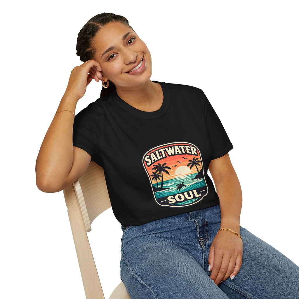 Saltwater Soul Retro Beach T-Shirt — Cute Coastal Gift for Women Sunset Palm Tee