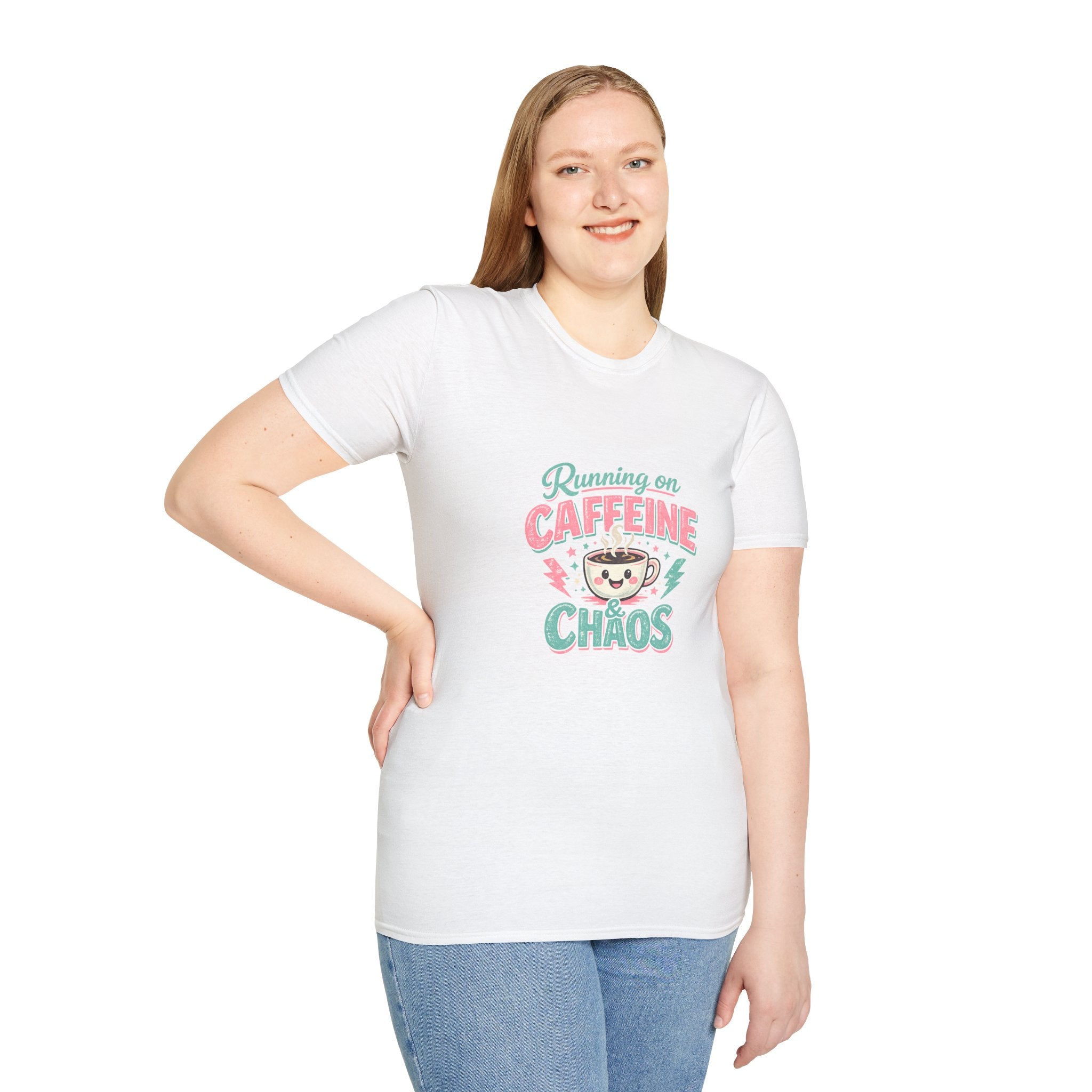 Running on Caffeine & Chaos T-Shirt — Funny Gift for Coffee Loving Moms Graphic Tee