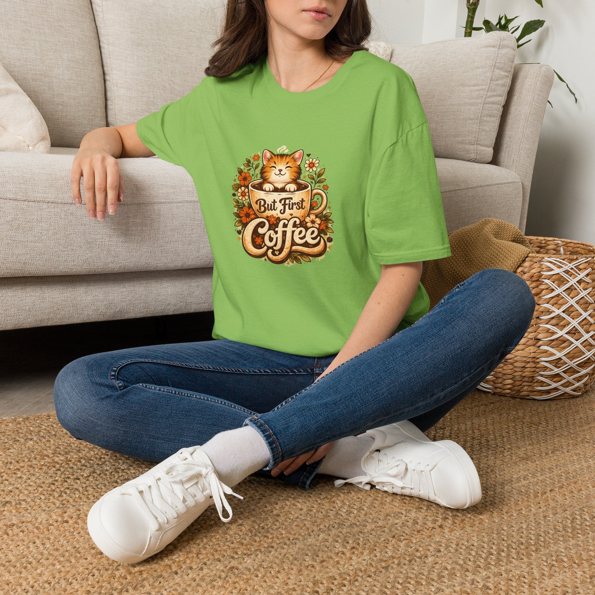 But First Coffee Cat T-Shirt — Cute Floral Gift for Coffee Lovers Women's Tee