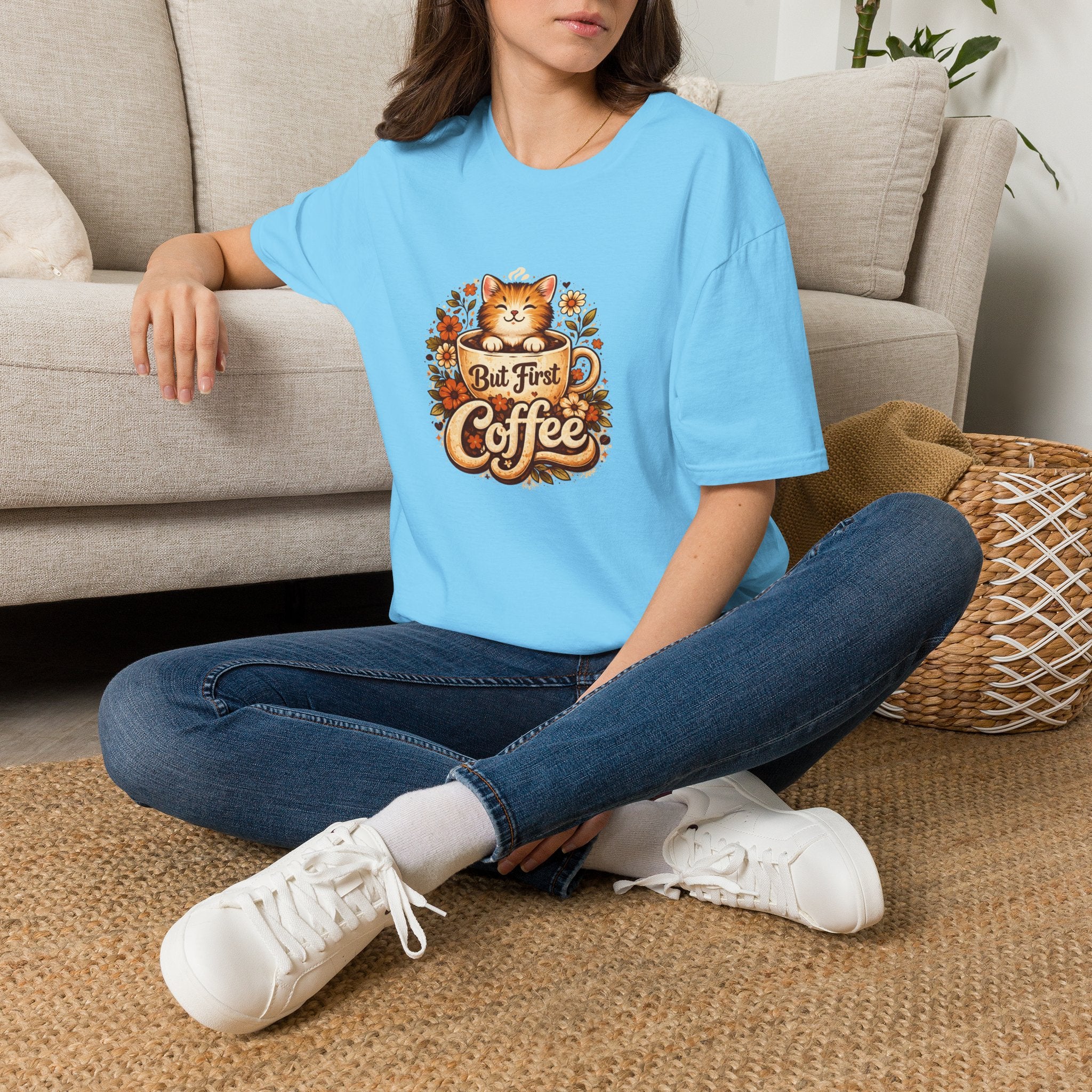 But First Coffee Cat T-Shirt — Cute Floral Gift for Coffee Lovers Women's Tee