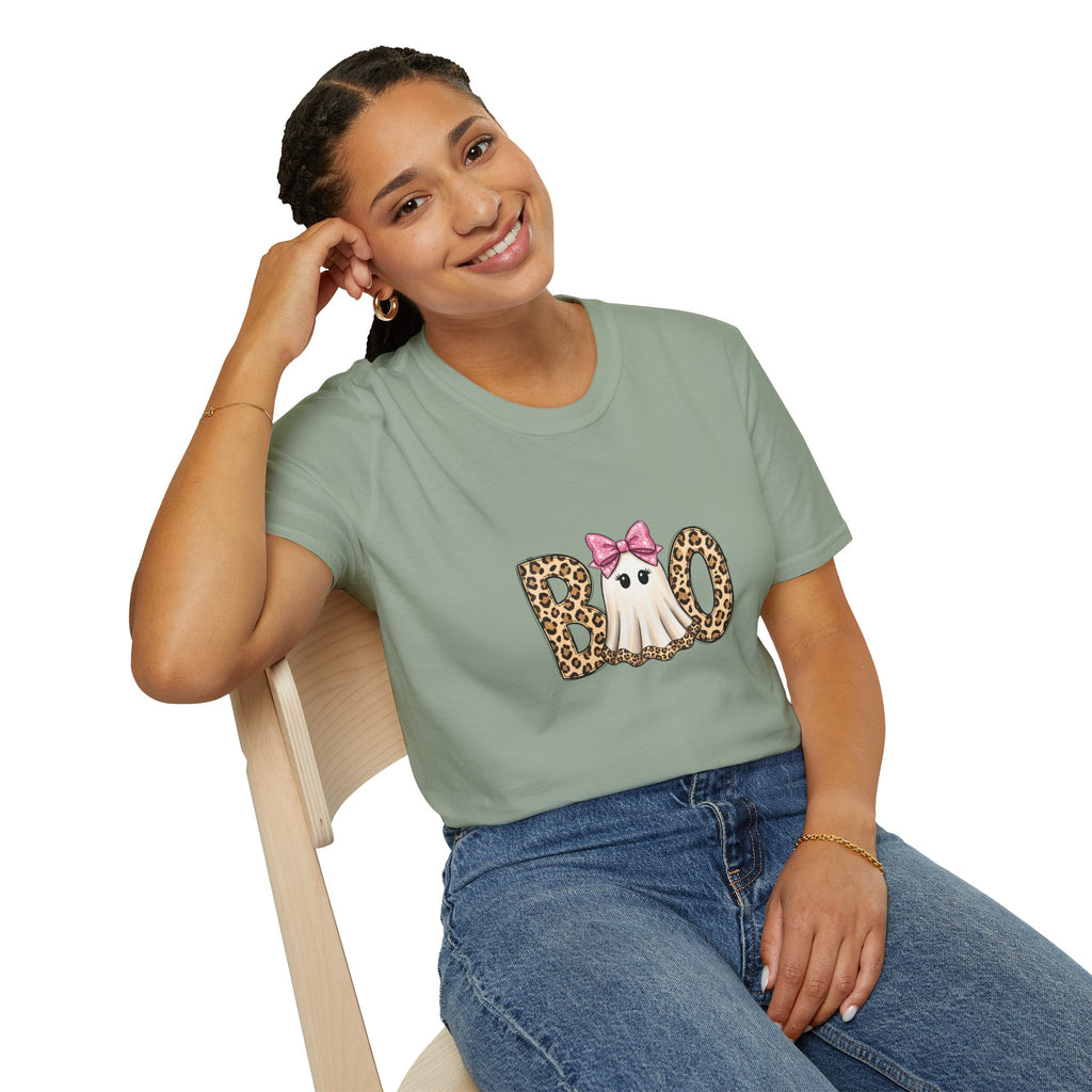 Boo Leopard Ghost T-Shirt — Cute Pink Bow Halloween Gift for Women Graphic Tee