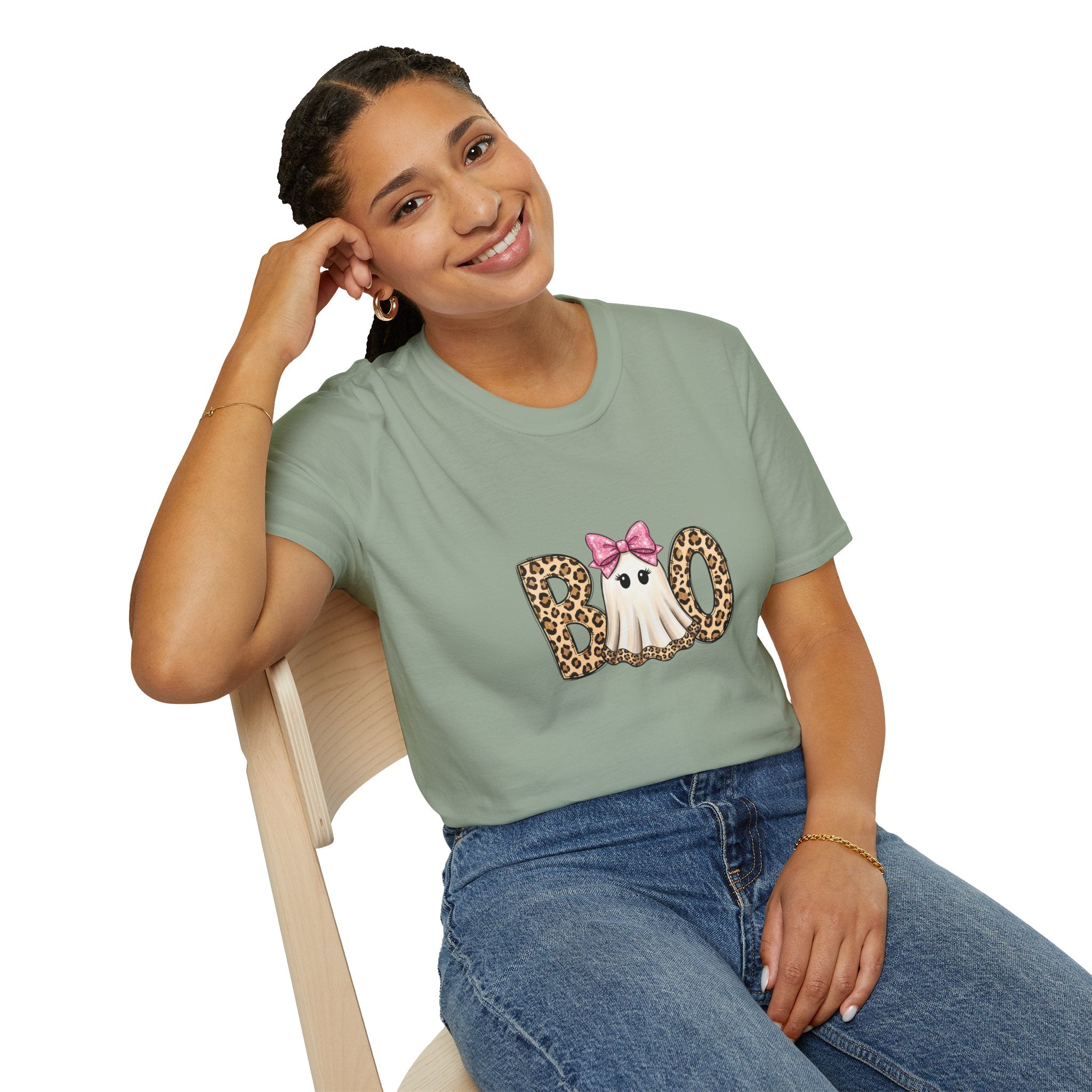Boo Leopard Ghost T-Shirt — Cute Pink Bow Halloween Gift for Women Graphic Tee