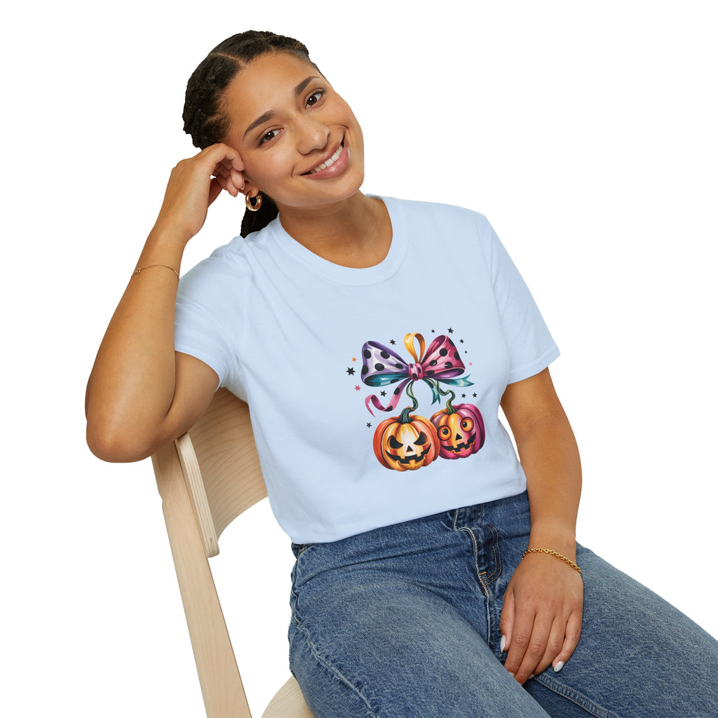Halloween Pumpkin Bow T-Shirt — Cute Colorful Gift for Women Jack-O'-Lantern Tee