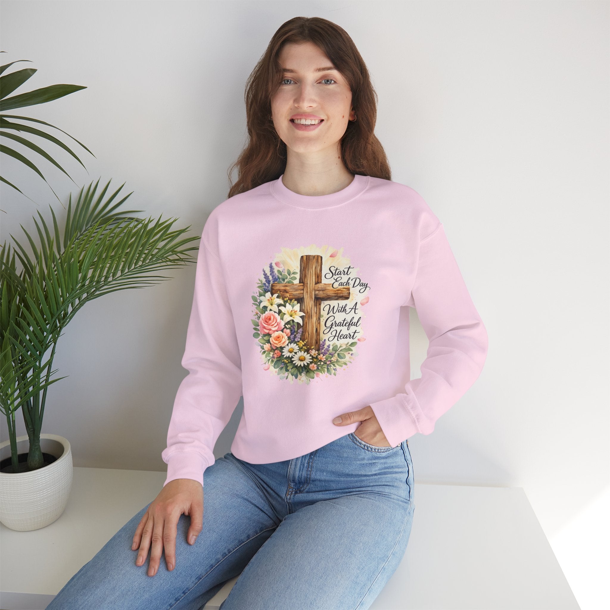 Christian Crewneck Sweatshirt — "Start Each Day with a Grateful Heart" Floral Cross