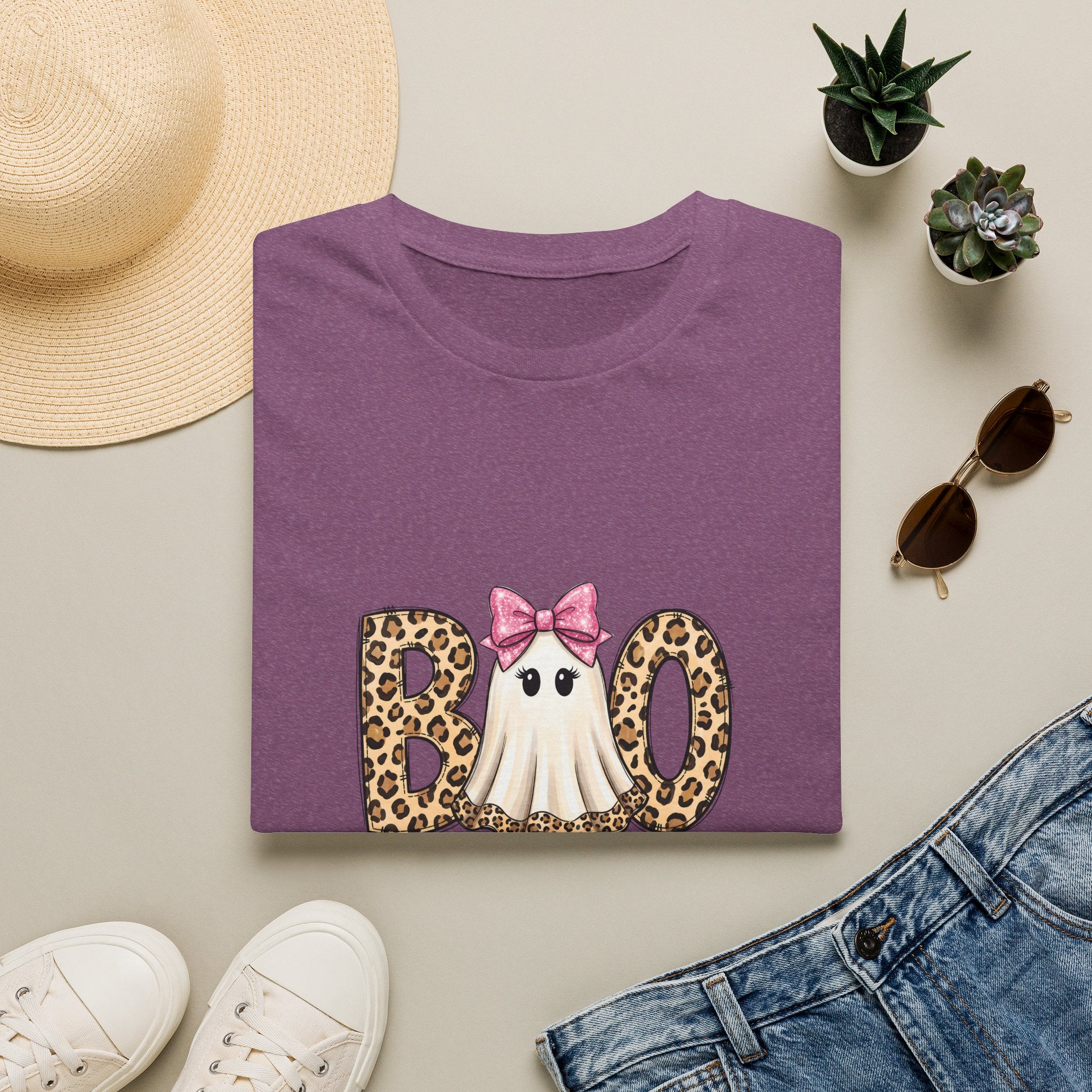 Boo Leopard Ghost T-Shirt — Cute Pink Bow Halloween Gift for Women Graphic Tee