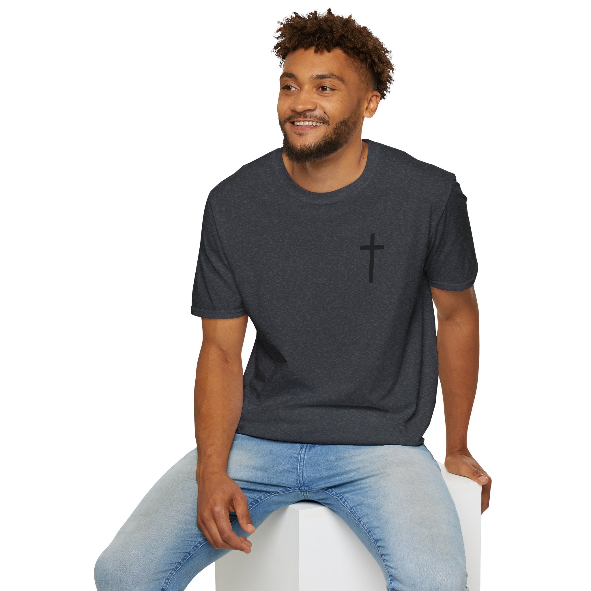 Man of Faith Rooted in Christ T-Shirt — Christian Gift for Him Flag & Cross Back Print Graphic Tee