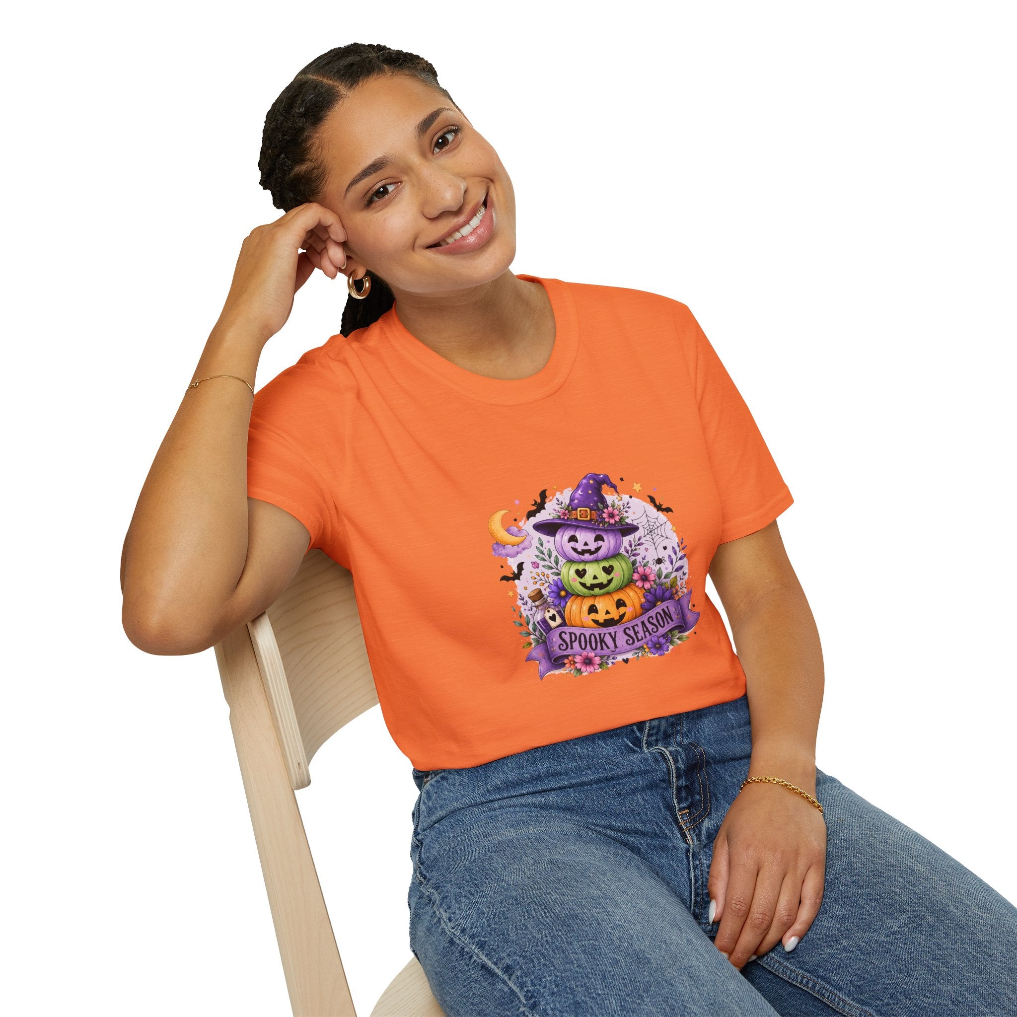 Spooky Season Pumpkin Stack T-Shirt — Cute Halloween Gift for Women Witch Hat Tee