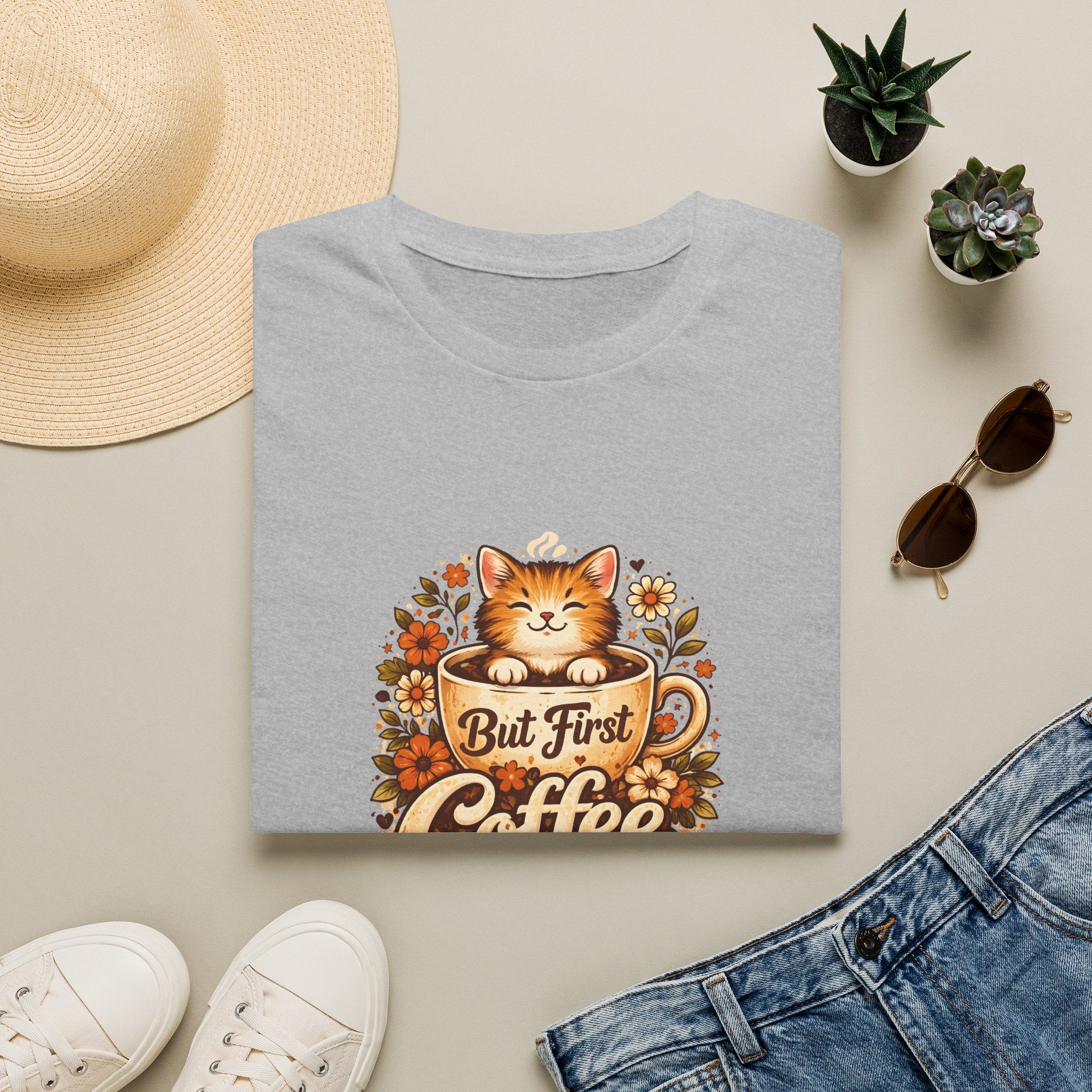 But First Coffee Cat T-Shirt — Cute Floral Gift for Coffee Lovers Women's Tee