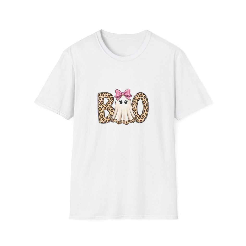 Boo Leopard Ghost T-Shirt — Cute Pink Bow Halloween Gift for Women Graphic Tee