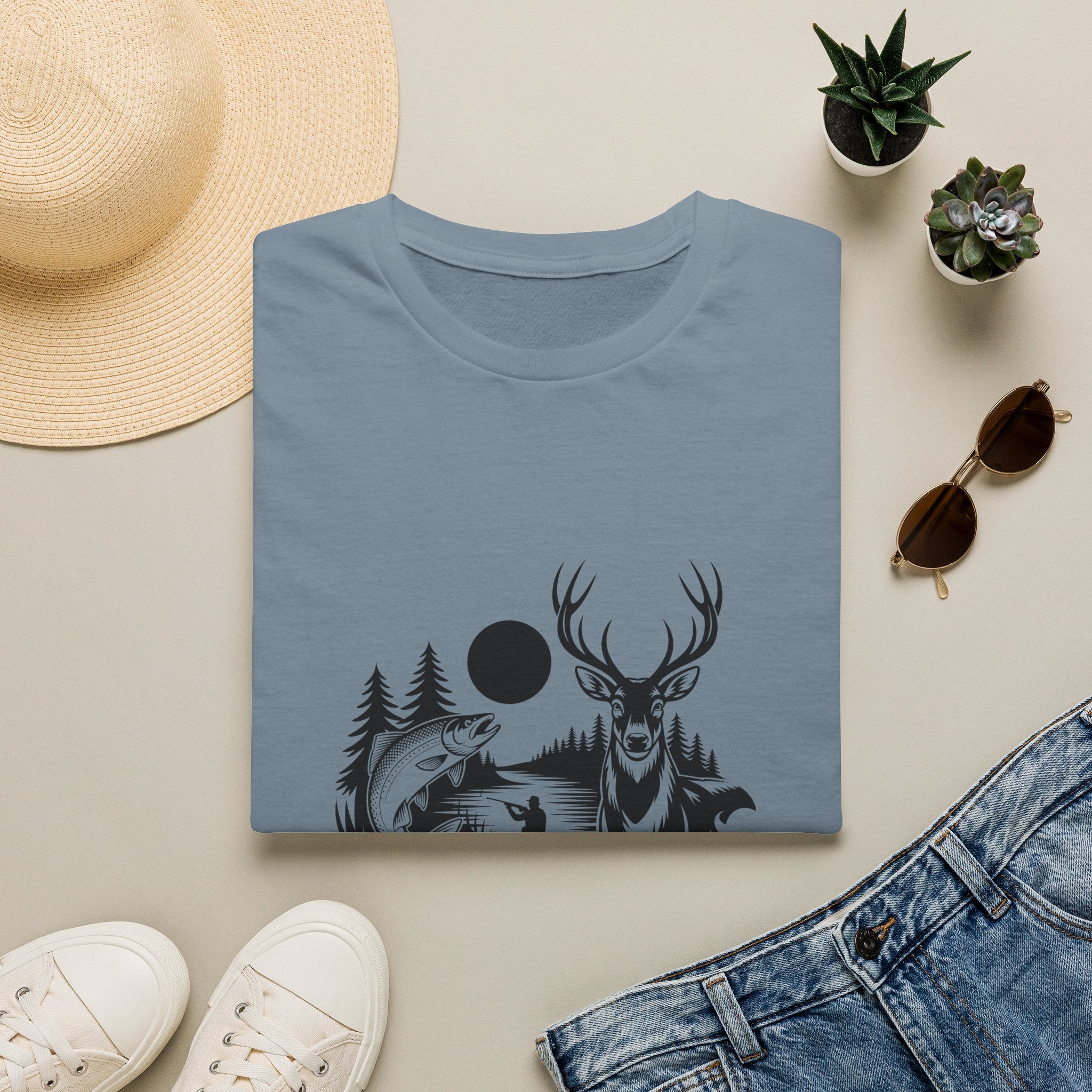 Deer & Fish Forest Silhouette T-Shirt — Rustic Outdoor Gift for Hunters Graphic Tee