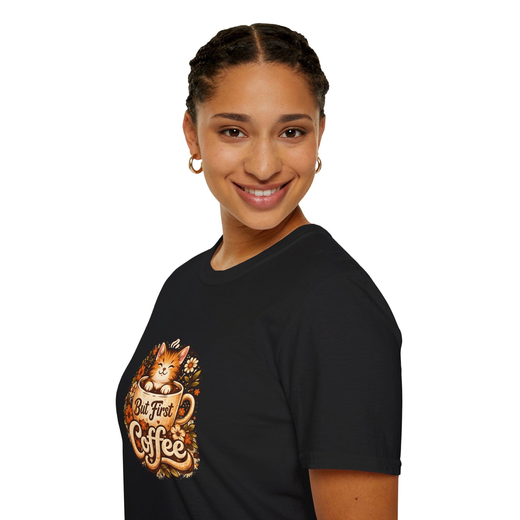 But First Coffee Cat T-Shirt — Cute Floral Gift for Coffee Lovers Women's Tee
