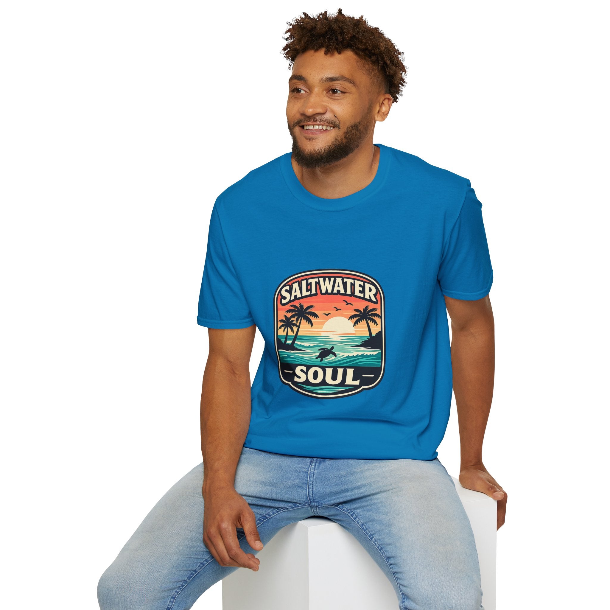 Saltwater Soul Retro Beach T-Shirt — Cute Coastal Gift for Women Sunset Palm Tee