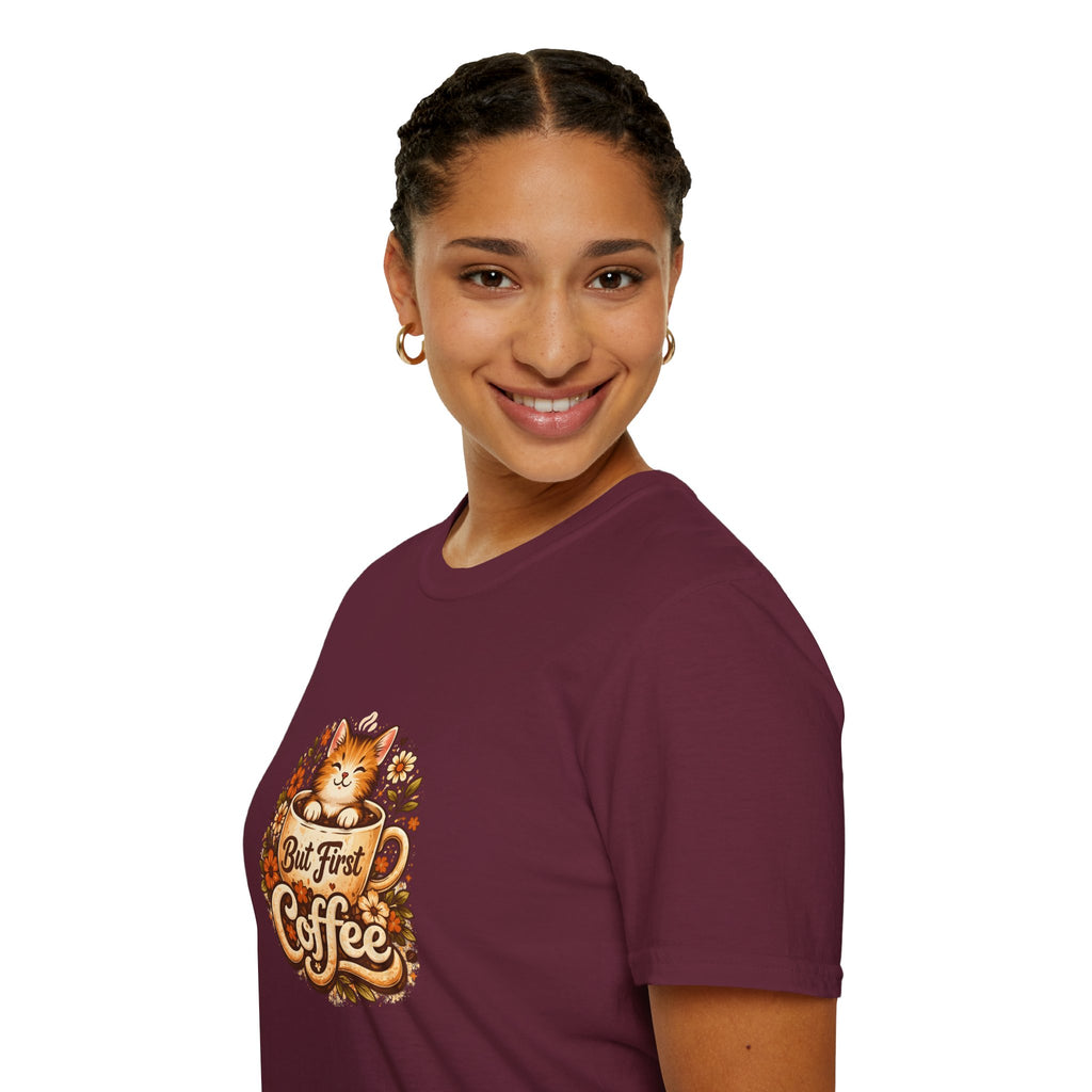 But First Coffee Cat T-Shirt — Cute Floral Gift for Coffee Lovers Women's Tee