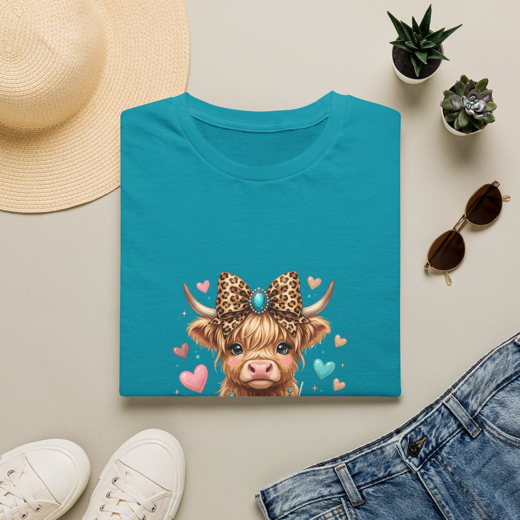 Highland Cow Leopard Bow T-Shirt — Cute Funny Gift for Her Hearts Graphic Tee