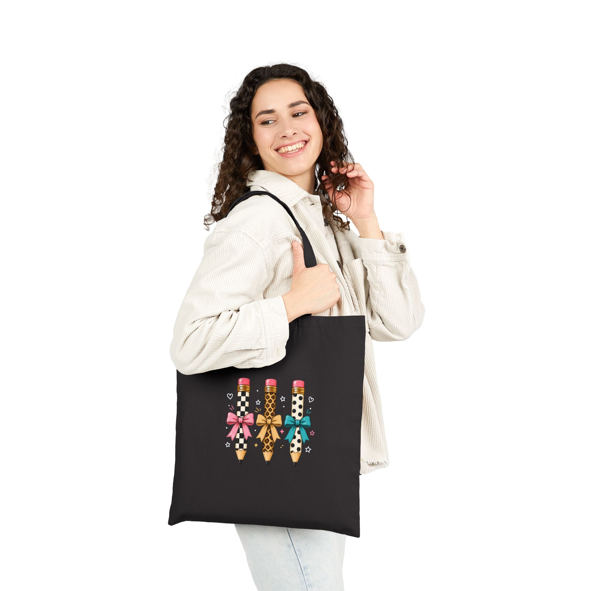 Canvas Tote Bag — Cute Decorative Pencils with Bows | School Teacher Gift